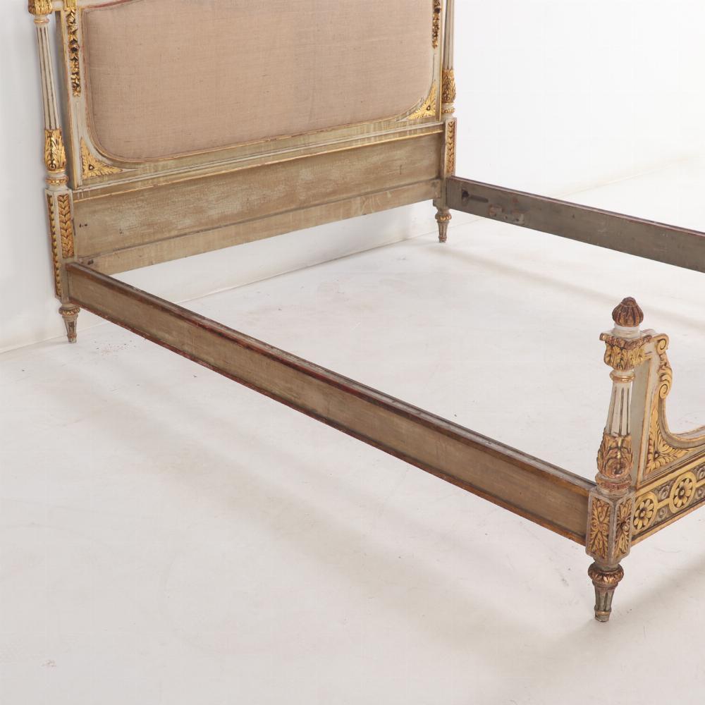 Upholstery A French Louis XVI style Painted & Gilded Queen Size Bed, C. 1910.