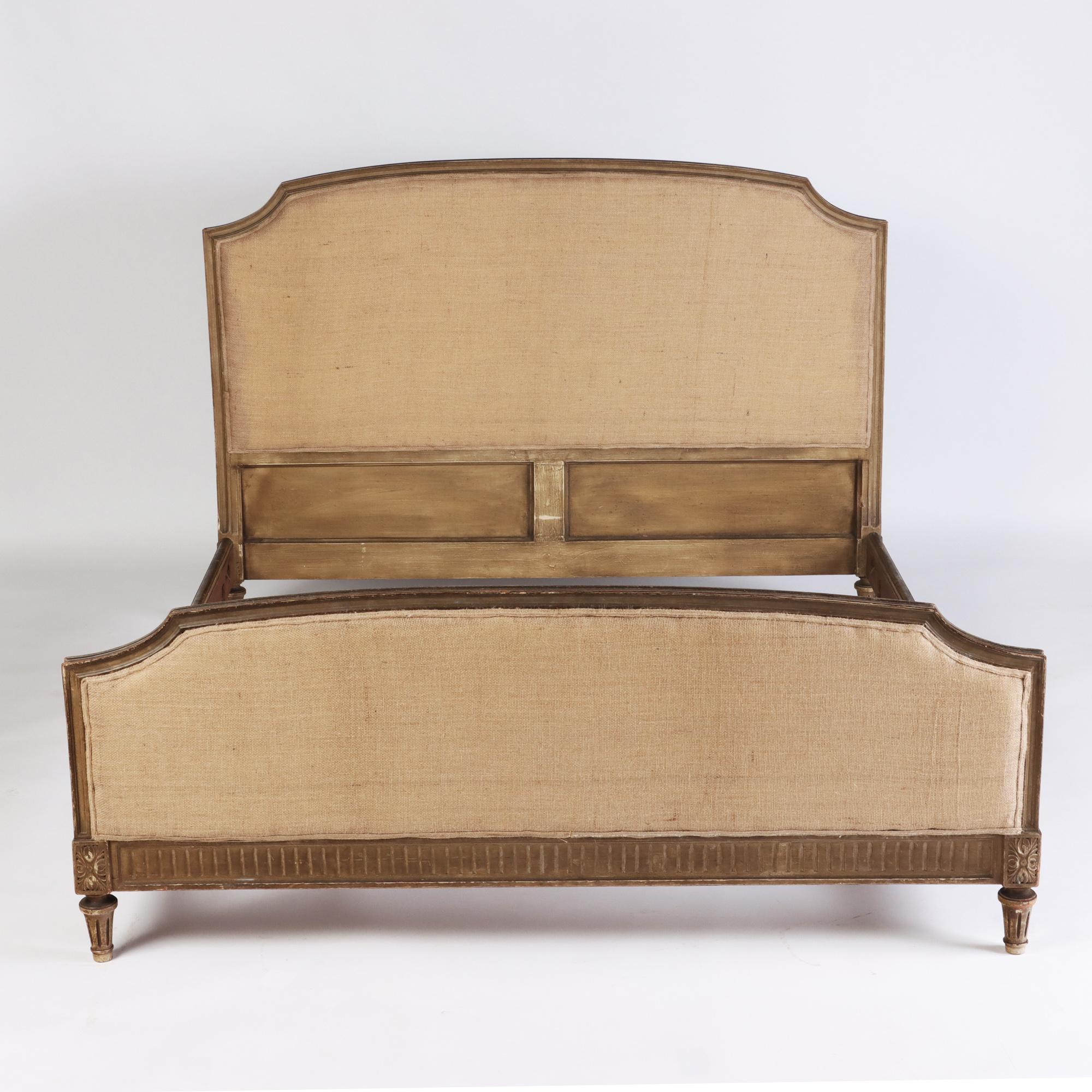 A French Louis XVI style Queen size bed with burlap upholstery circa 1940.
 Interior dimensions: 63.5