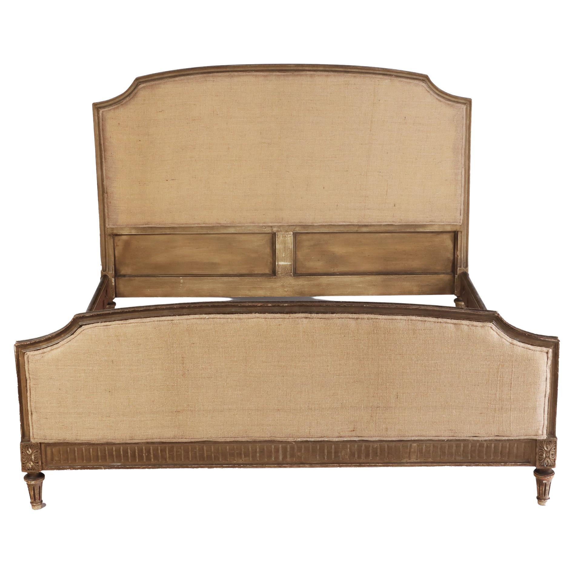 French Louis XVI Style Queen Size Bed with Burlap Upholstery, circa 1940