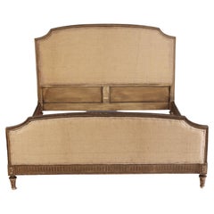 French Louis XVI Style Queen Size Bed with Burlap Upholstery, circa 1940