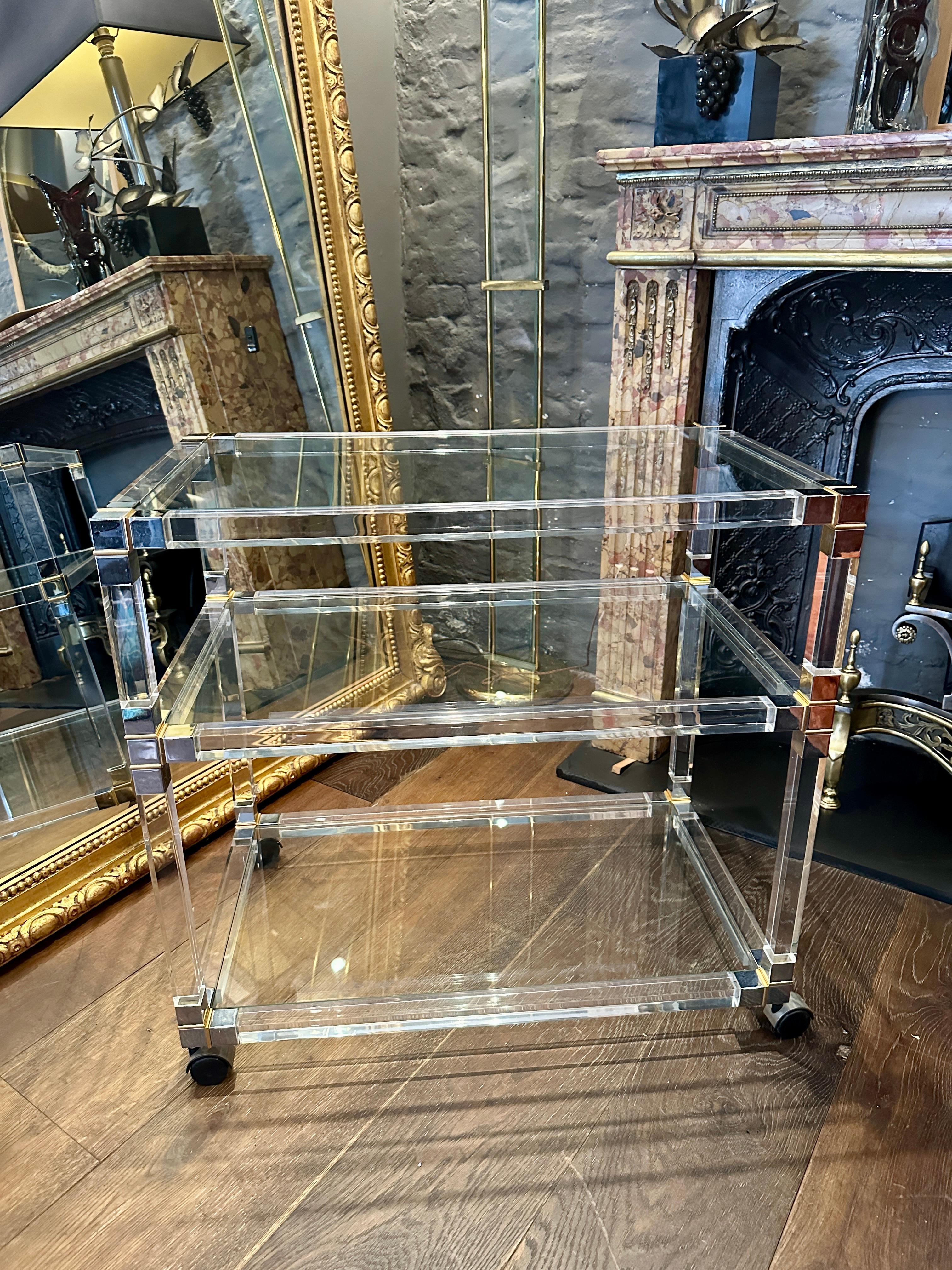 A French Lucite Chrome and Brass Bar Cart 5