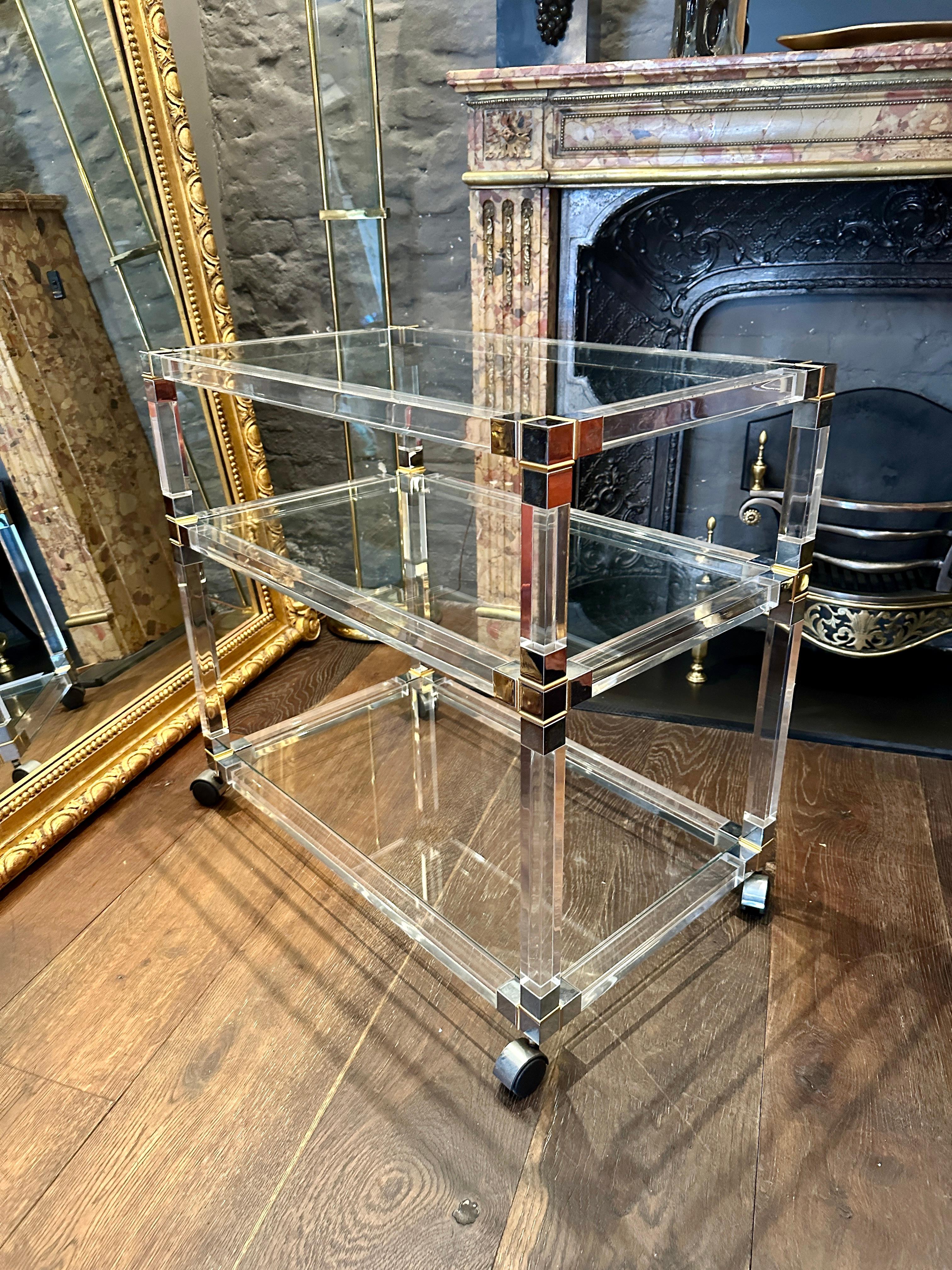 Modern A French Lucite Chrome and Brass Bar Cart