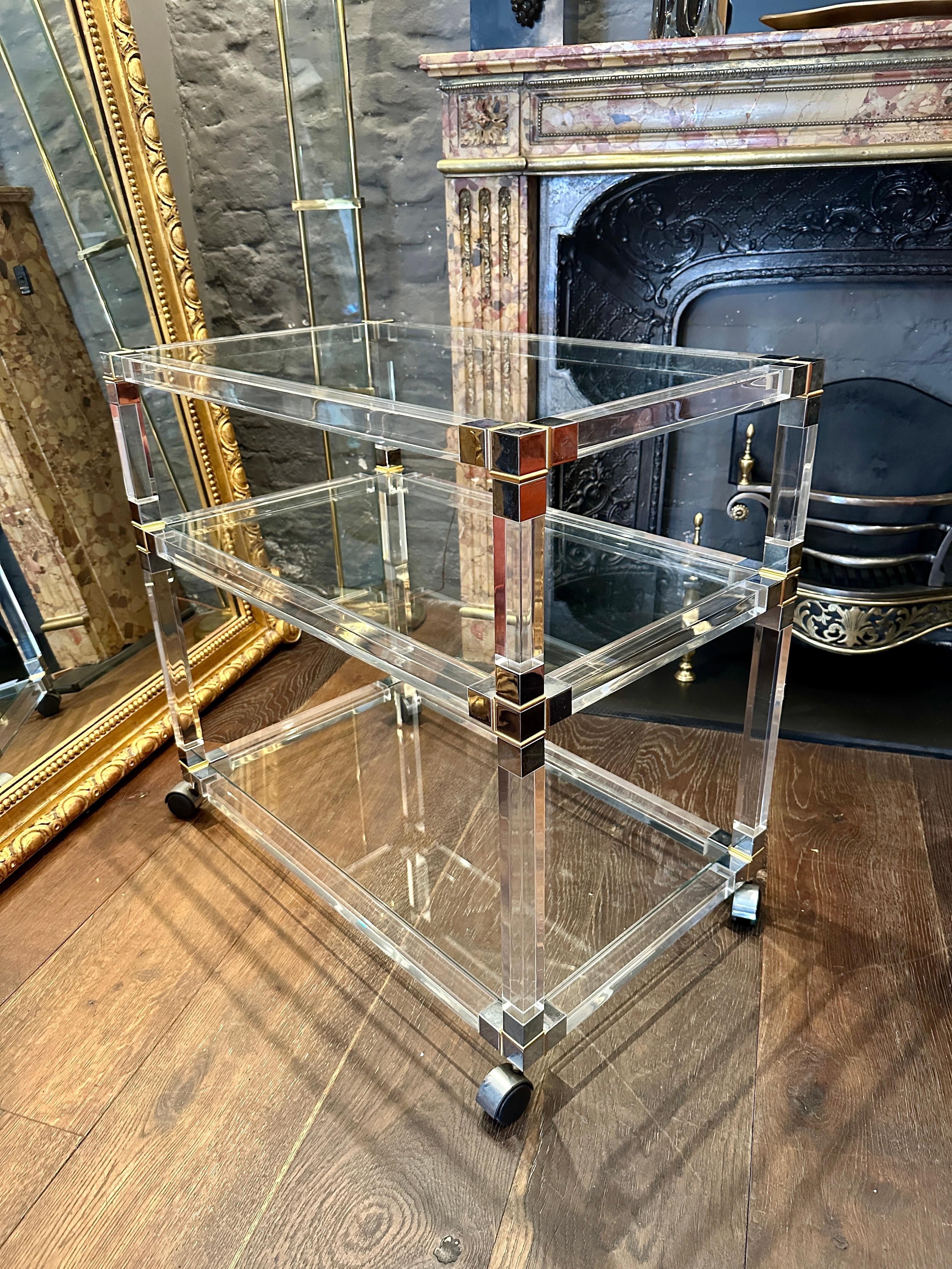 A French Lucite Chrome and Brass Bar Cart In Good Condition In London, GB