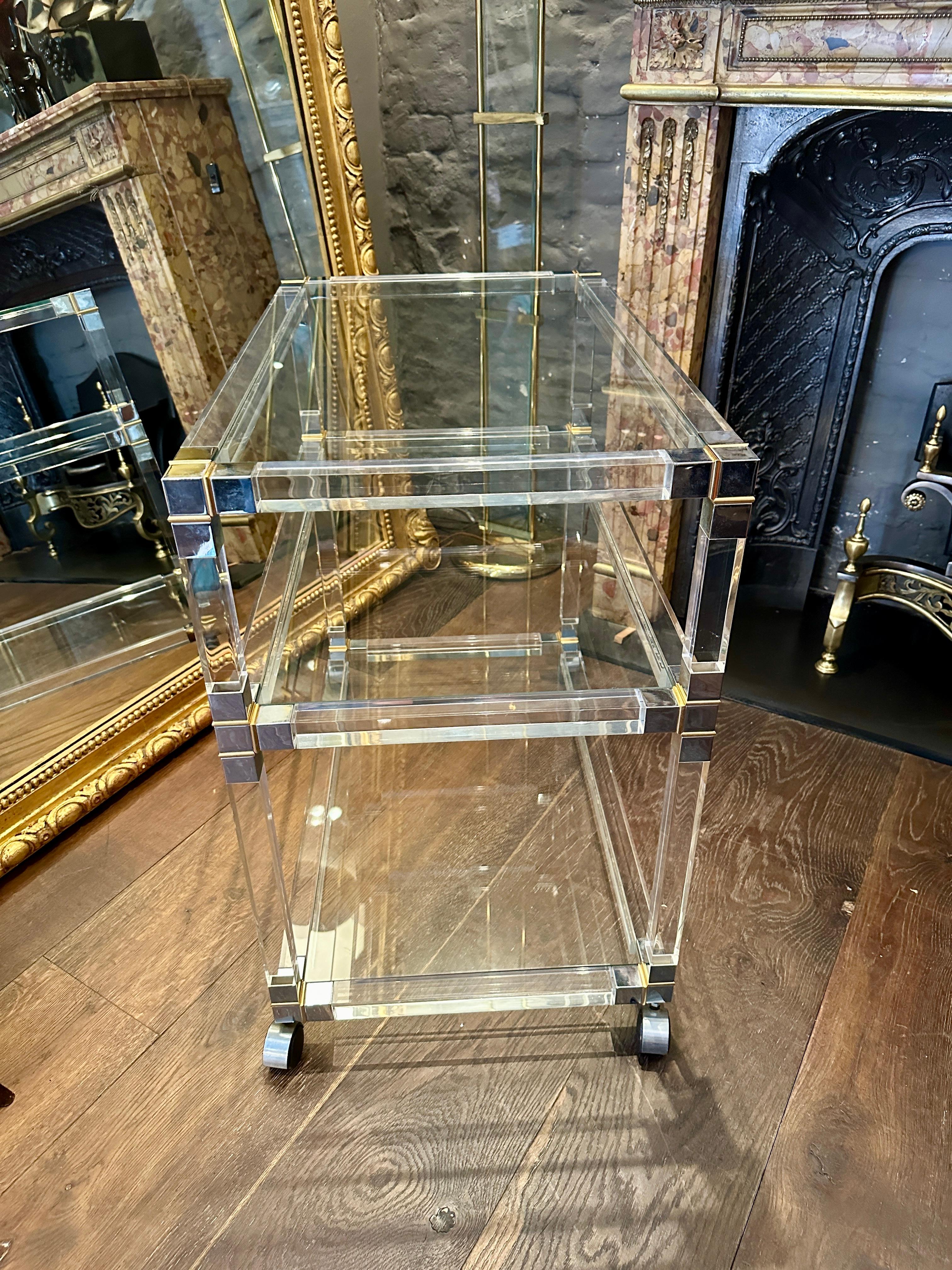Late 20th Century A French Lucite Chrome and Brass Bar Cart