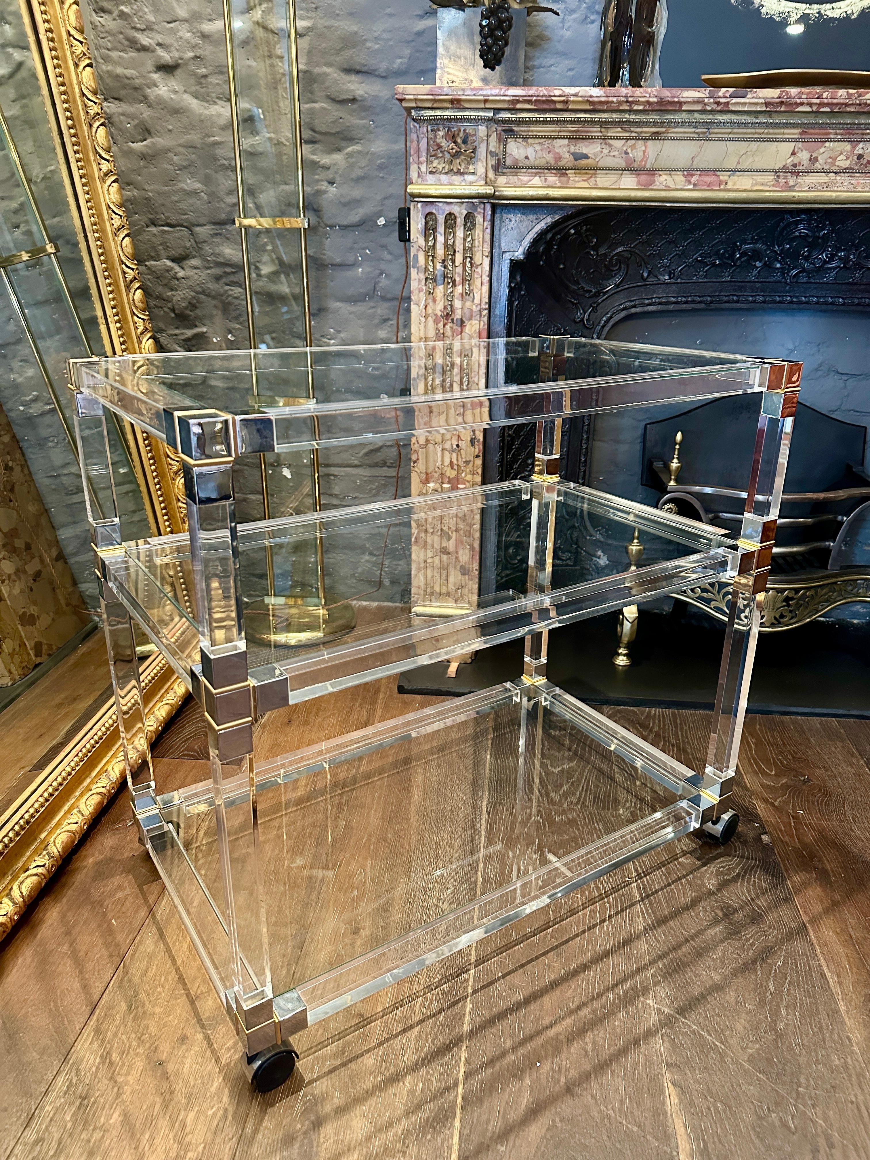 A French Lucite Chrome and Brass Bar Cart 2