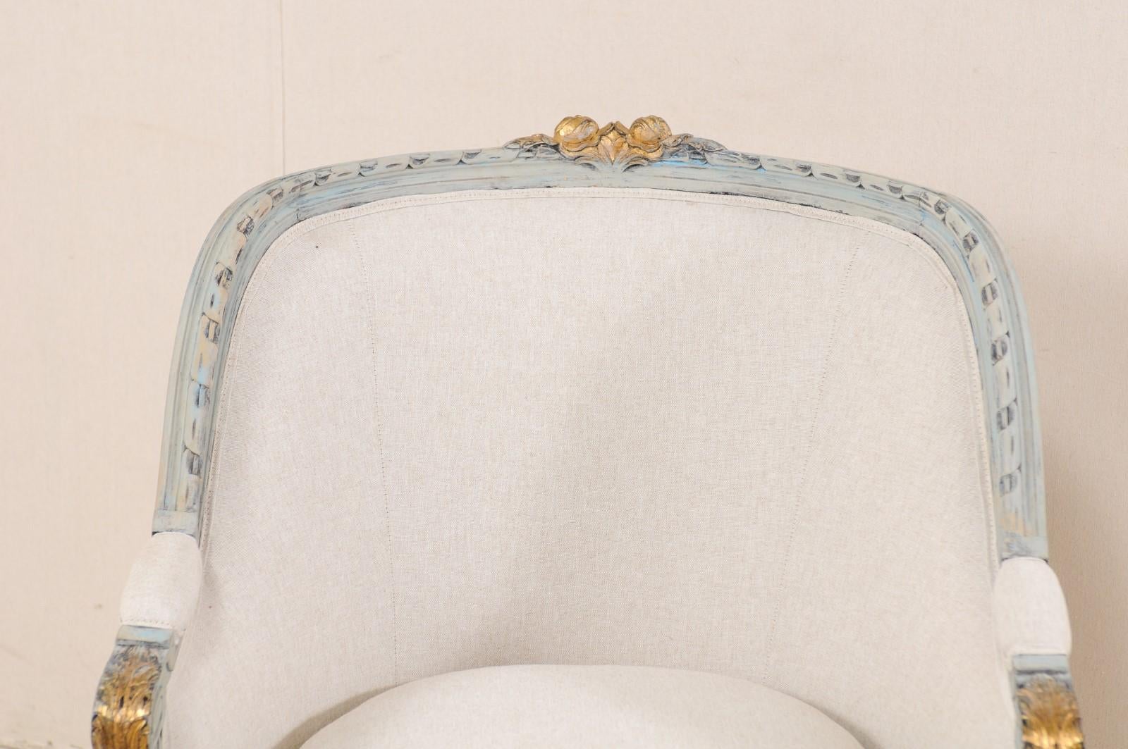 Carved French Luois XVI Style Upholstered Barrel Bergere Chair