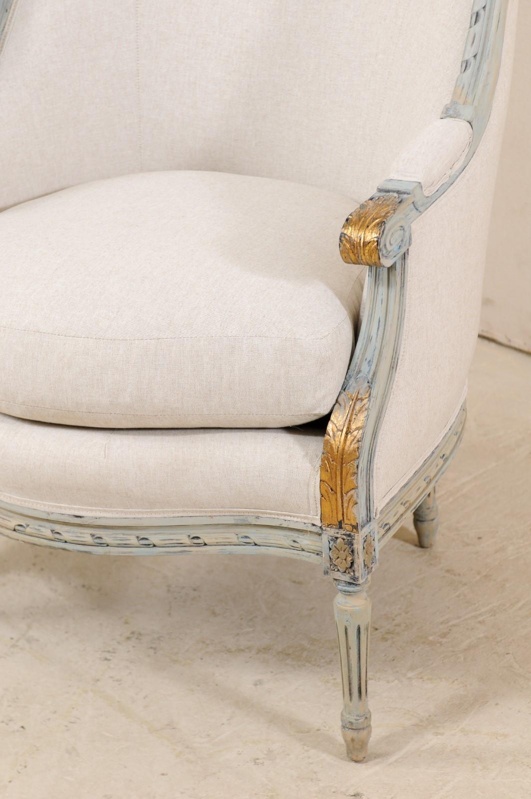 French Luois XVI Style Upholstered Barrel Bergere Chair In Good Condition In Atlanta, GA