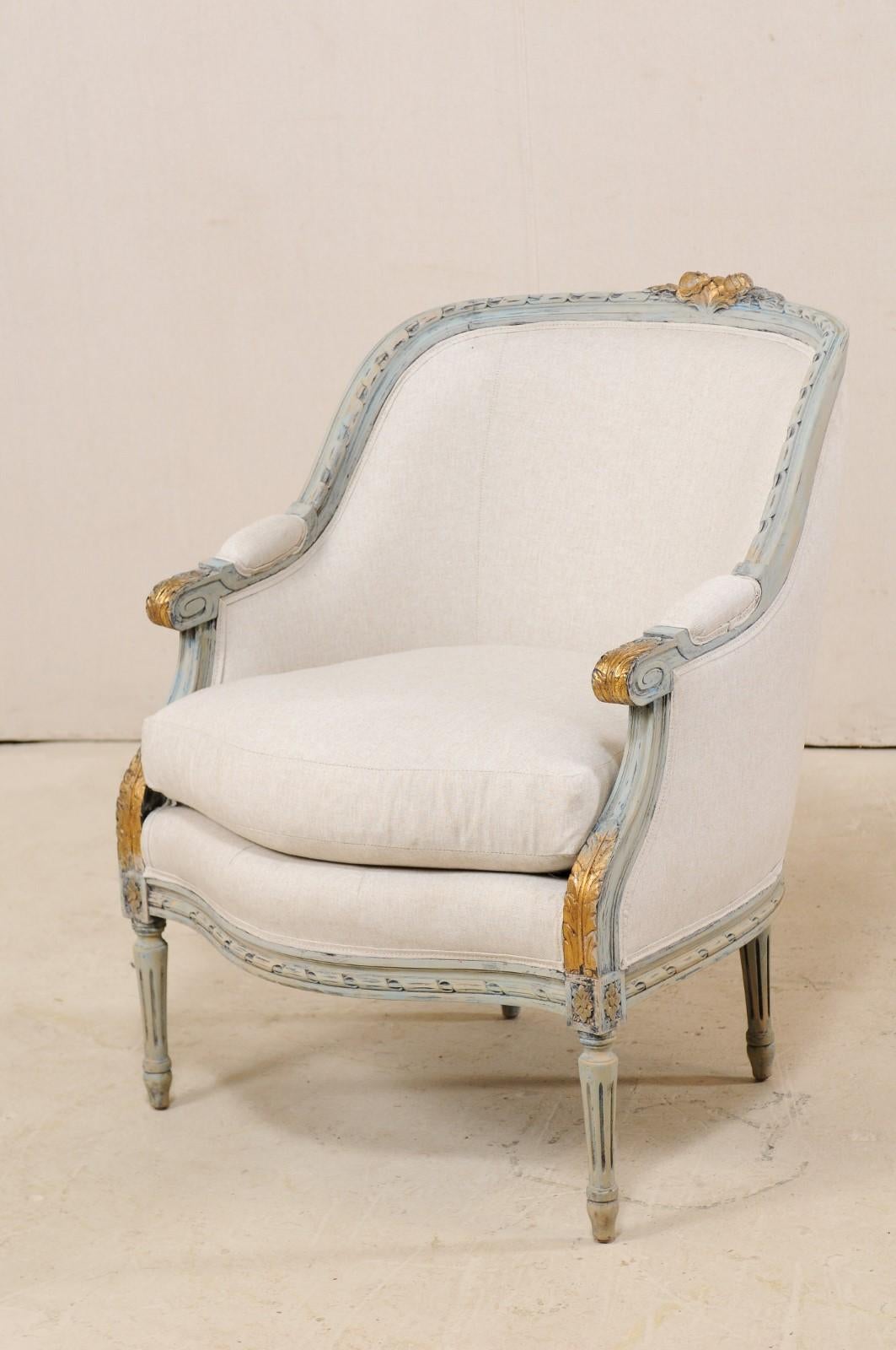 Wood French Luois XVI Style Upholstered Barrel Bergere Chair