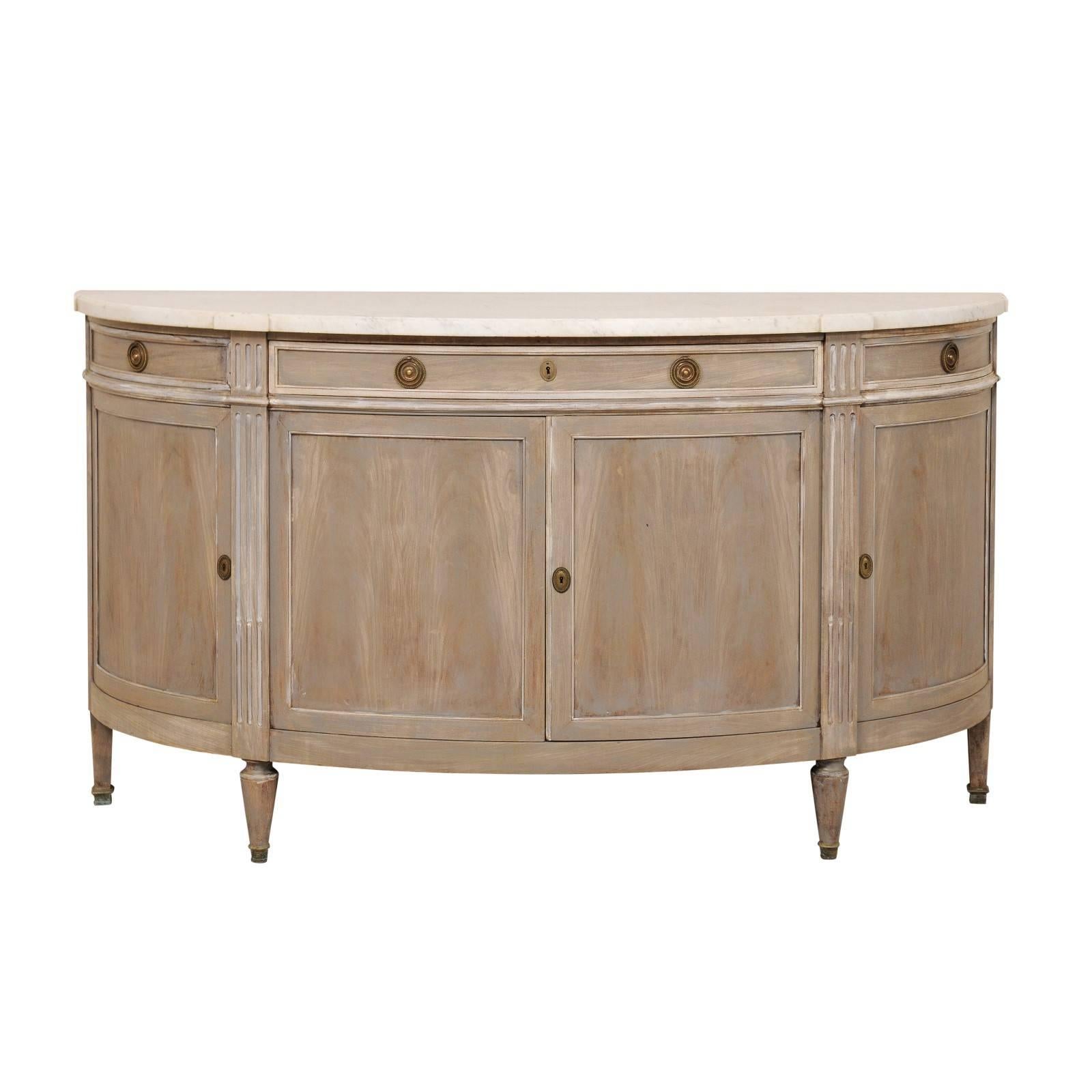 French Marble-Top and Carved Wood Demilune Cabinet Sideboard
