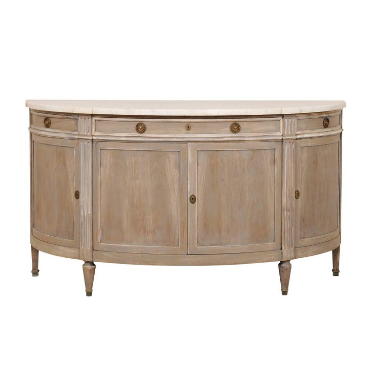 French Marble-Top and Carved Wood Demilune Cabinet Sideboard at 1stDibs