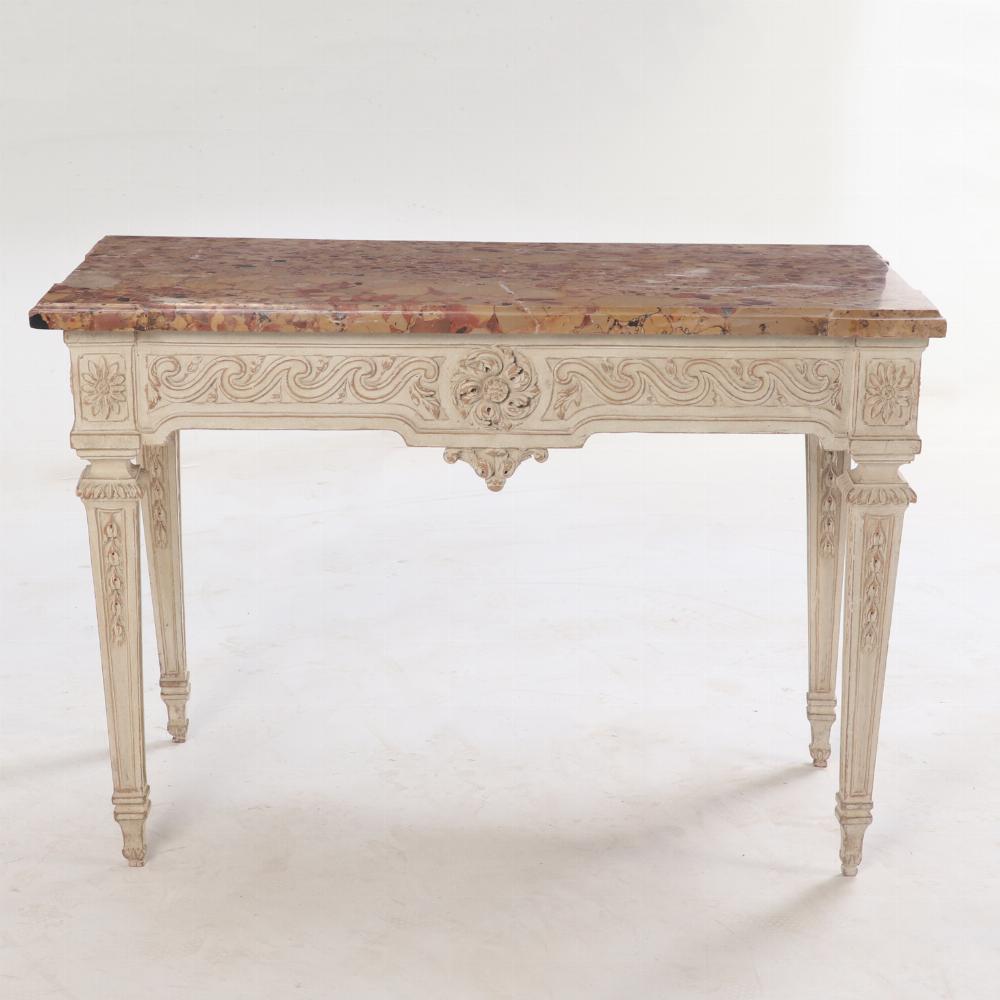 Fino al XVIII secolo Consolle francese con piano in marmo e legno dipinto, 18° C. in vendita