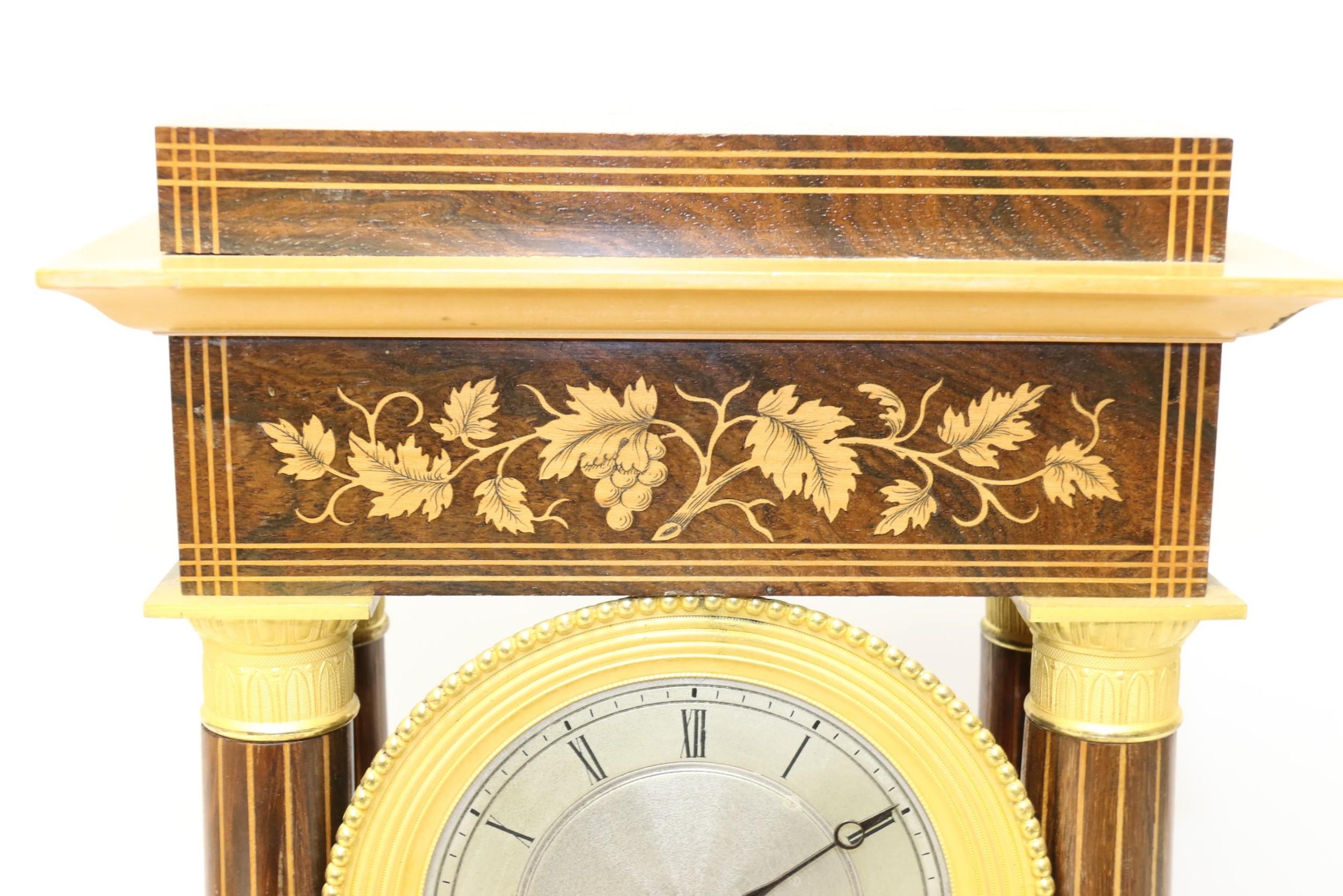 French Marquetry and Ormolu Mounted 14 Day Striking Portico Clock, circa 1830 For Sale 6