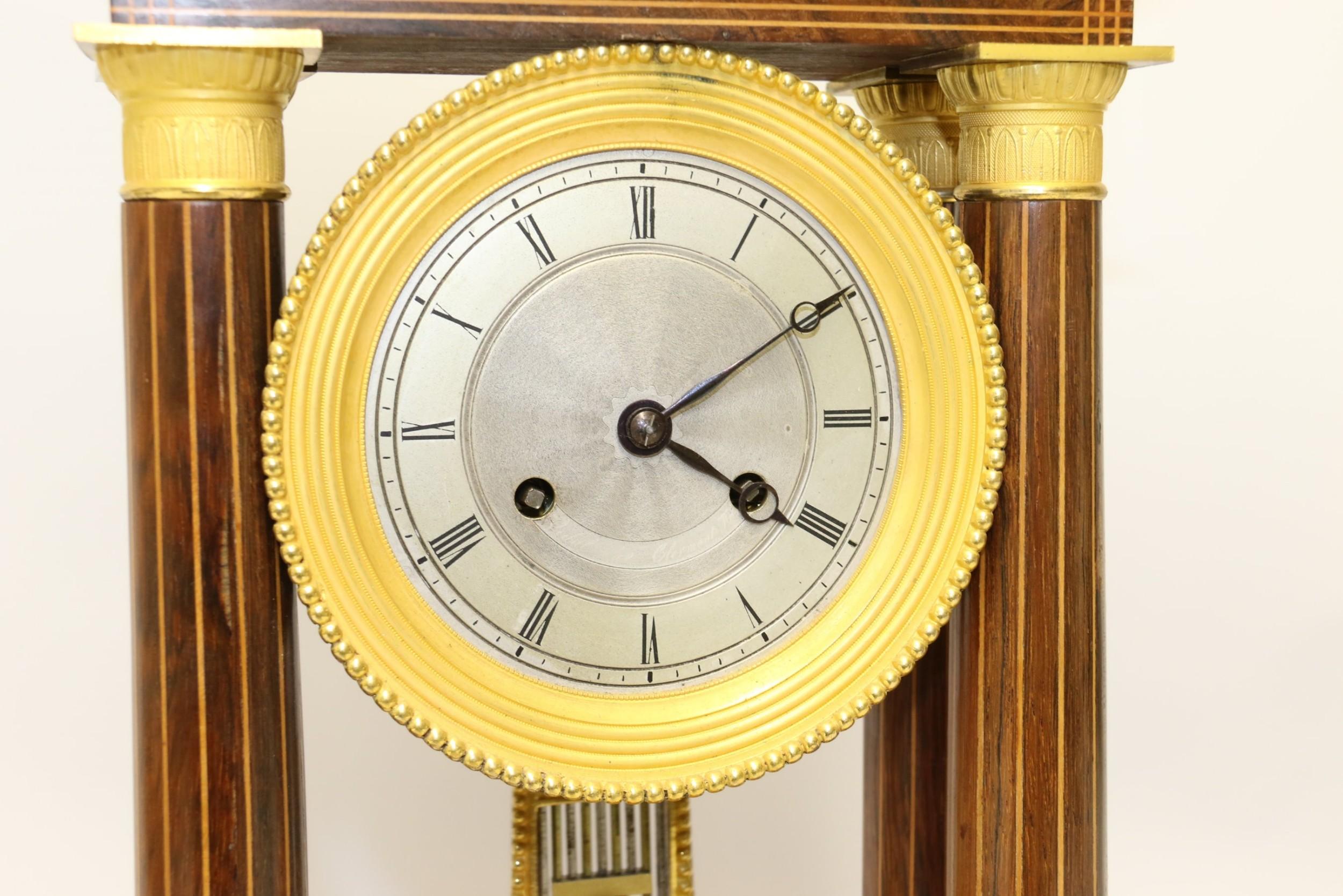 French Marquetry and Ormolu Mounted 14 Day Striking Portico Clock, circa 1830 For Sale 7