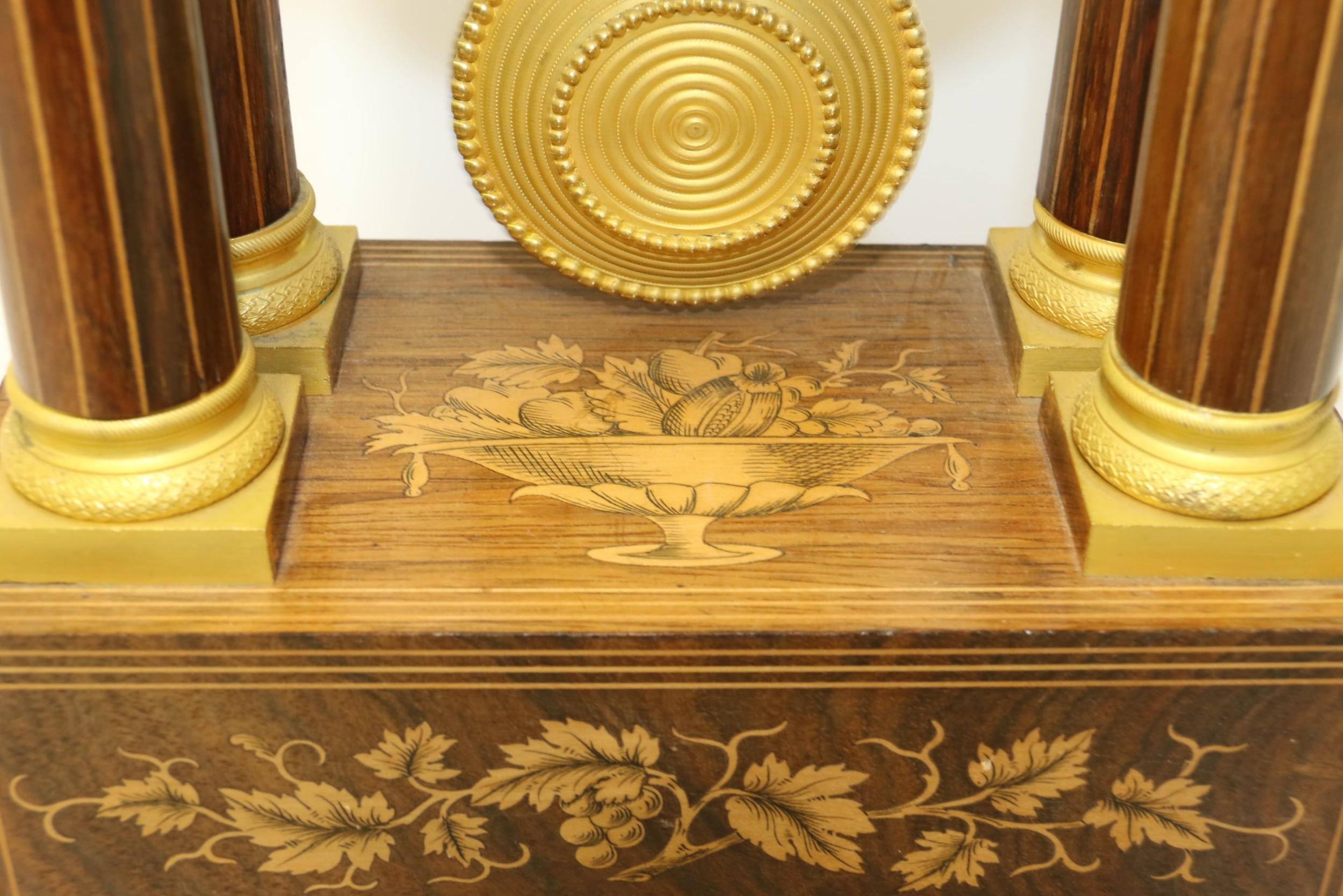 French Marquetry and Ormolu Mounted 14 Day Striking Portico Clock, circa 1830 For Sale 9