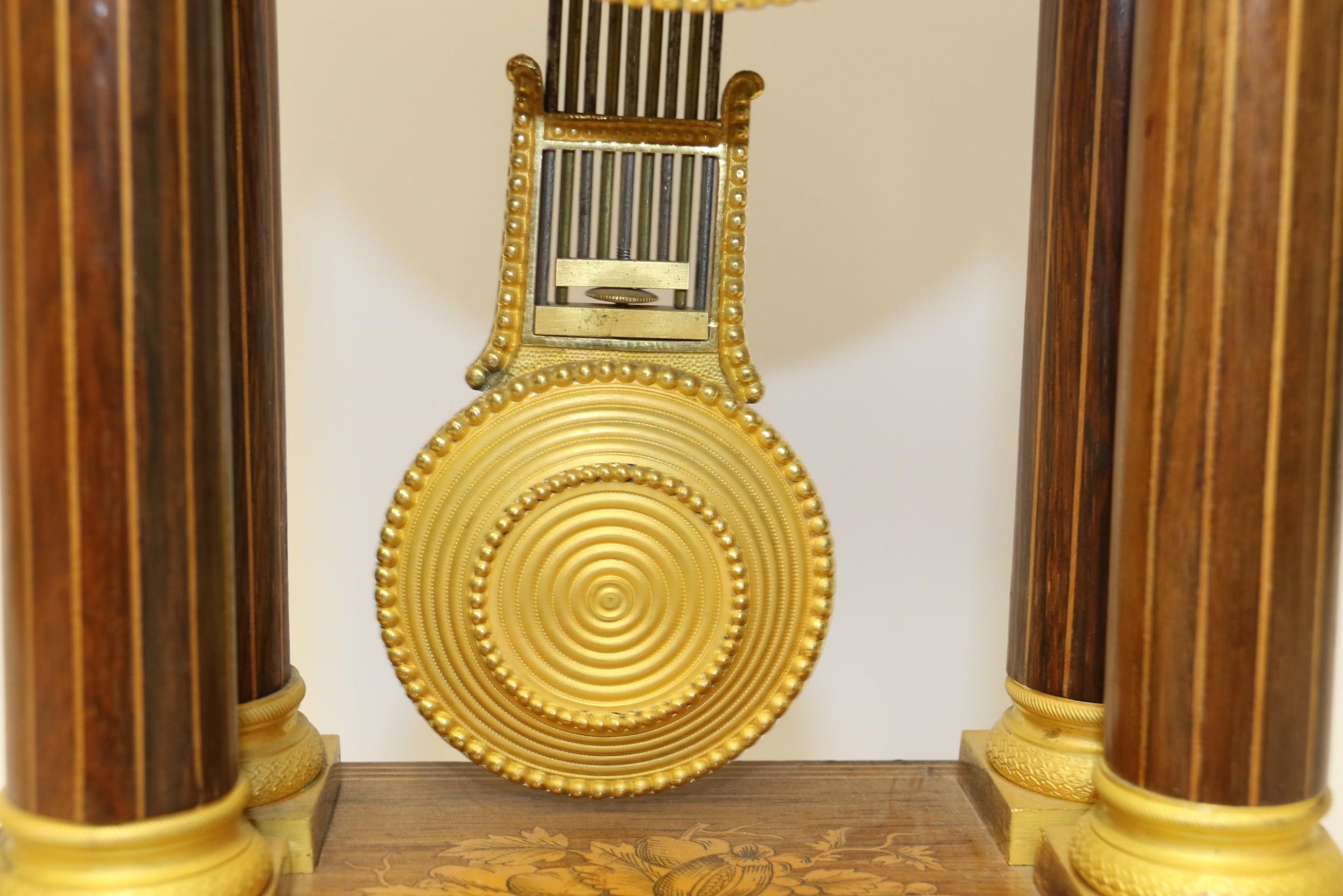 French Marquetry and Ormolu Mounted 14 Day Striking Portico Clock, circa 1830 For Sale 11