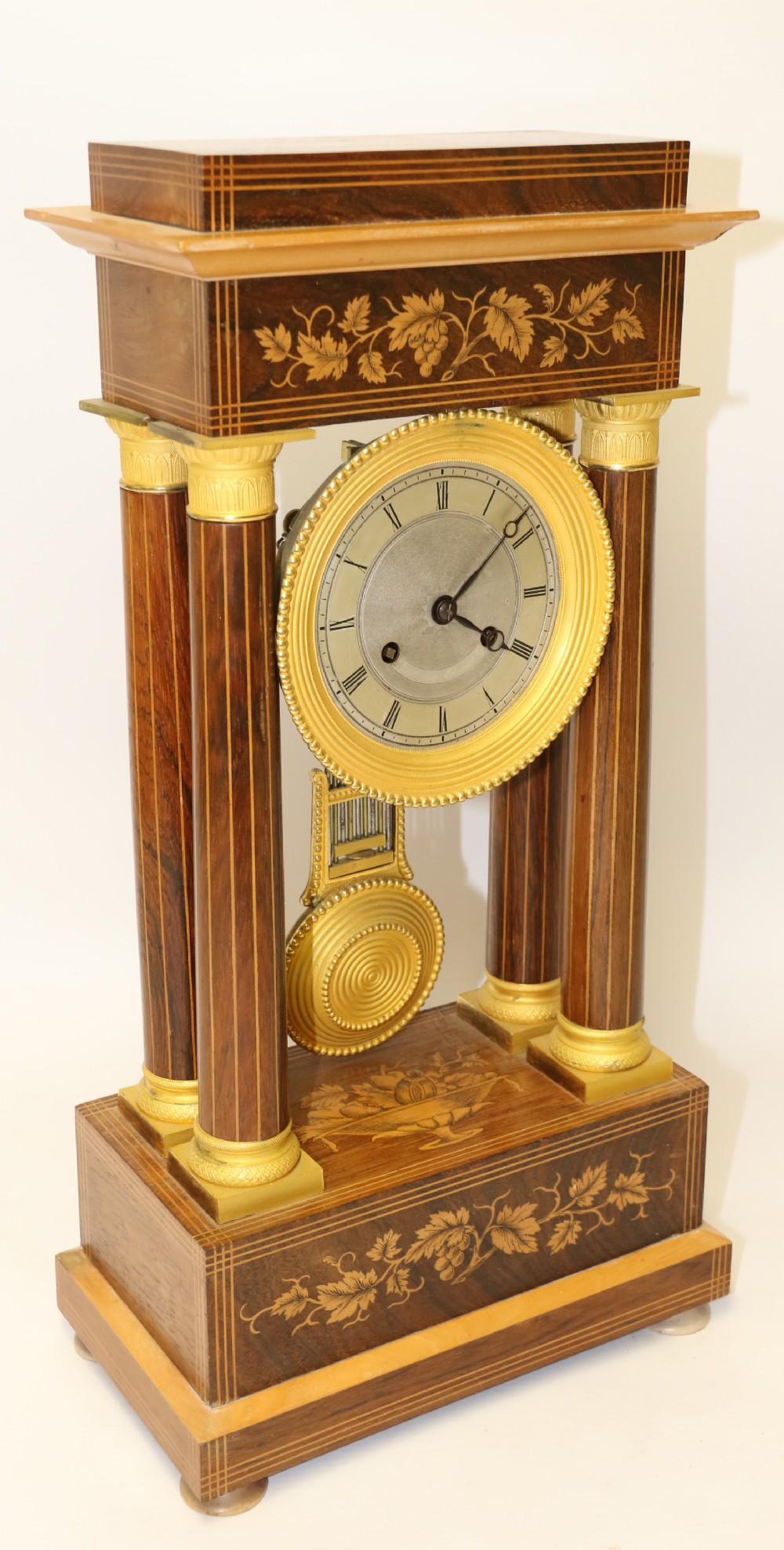 Mid-19th Century French Marquetry and Ormolu Mounted 14 Day Striking Portico Clock, circa 1830 For Sale