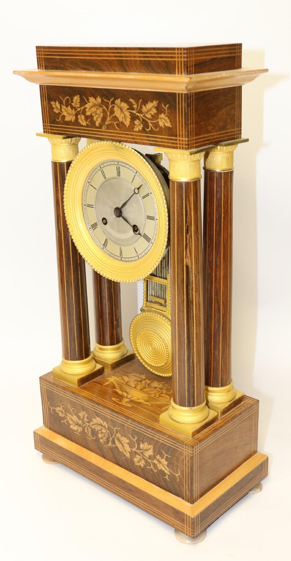 Boxwood French Marquetry and Ormolu Mounted 14 Day Striking Portico Clock, circa 1830 For Sale