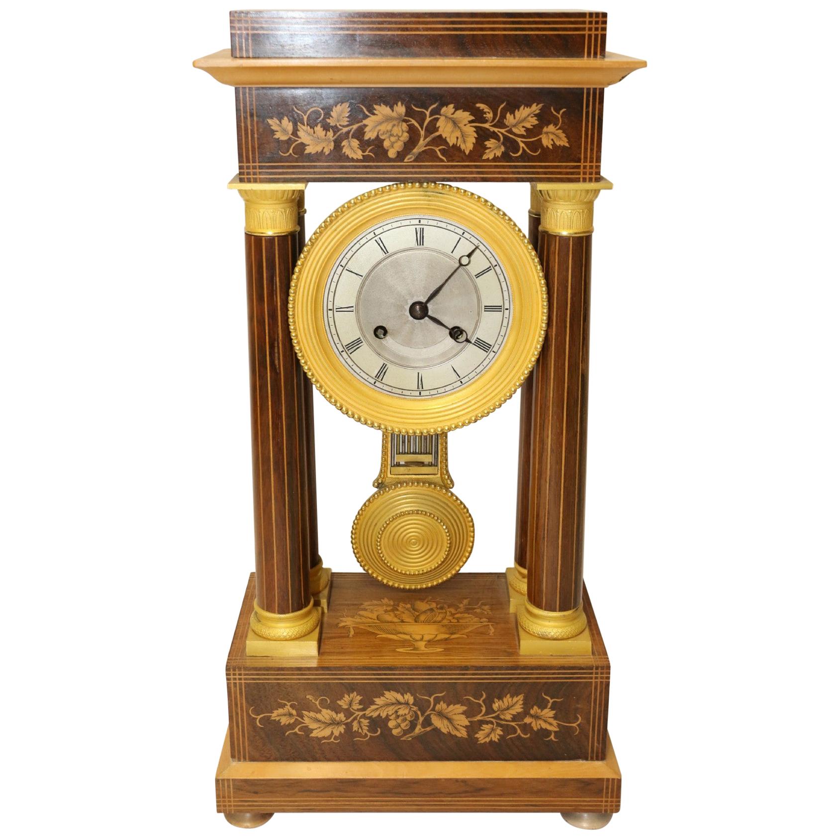 French Marquetry and Ormolu Mounted 14 Day Striking Portico Clock, circa 1830 For Sale
