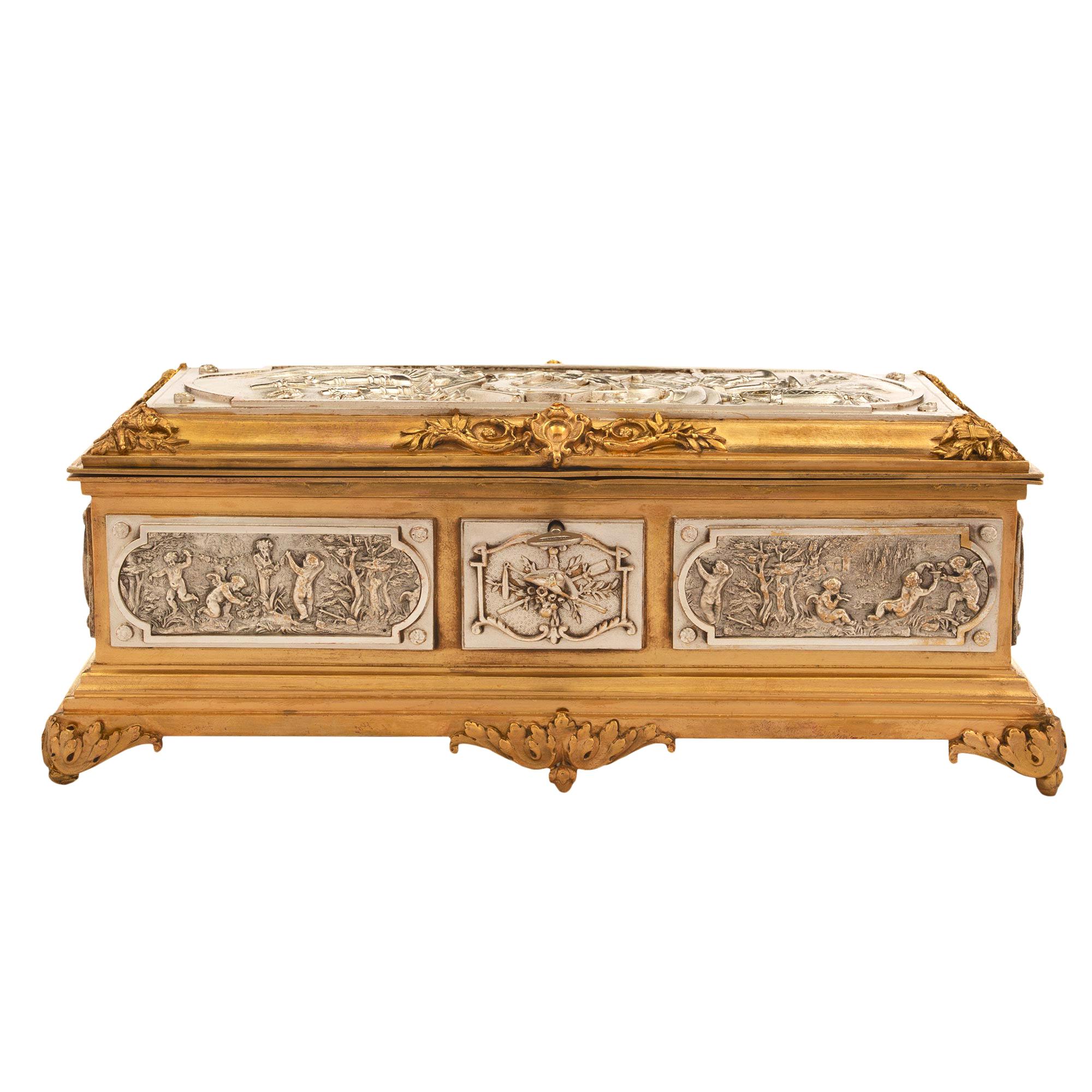 French Mid-19th Century Louis XVI Style Jewelry Box in Ormolu & Silvered Bronze