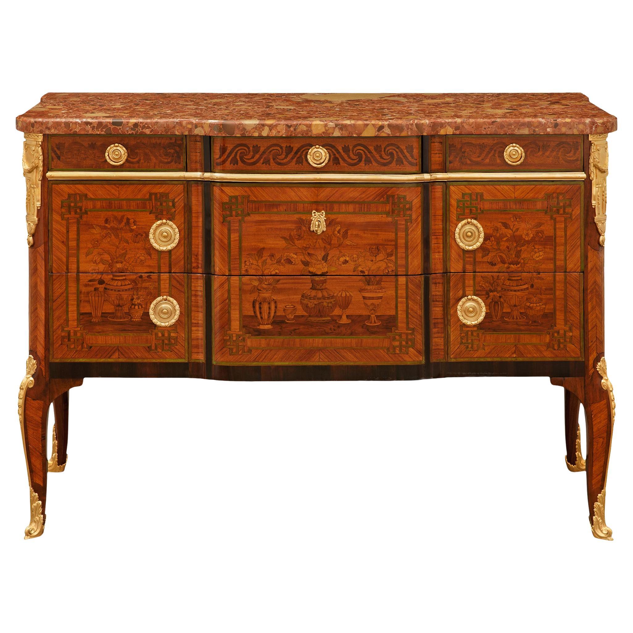 A French mid 19th century Transitional st. Tulipwood, Charmwood, Ormolu and marb For Sale