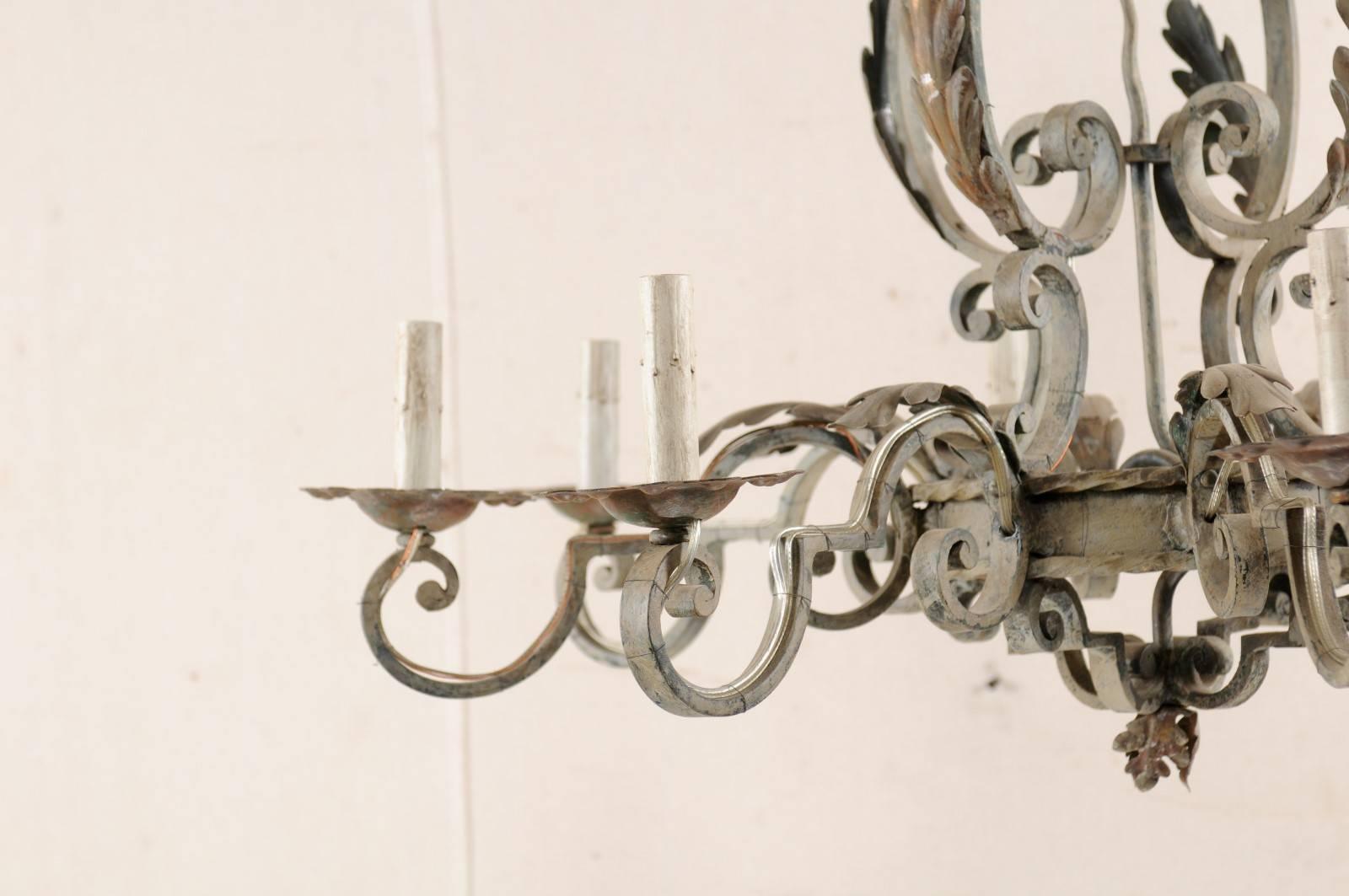 French Painted Iron Chandelier in a Scroll & Acanthus Leaf Motif, Rewired for US In Good Condition For Sale In Atlanta, GA