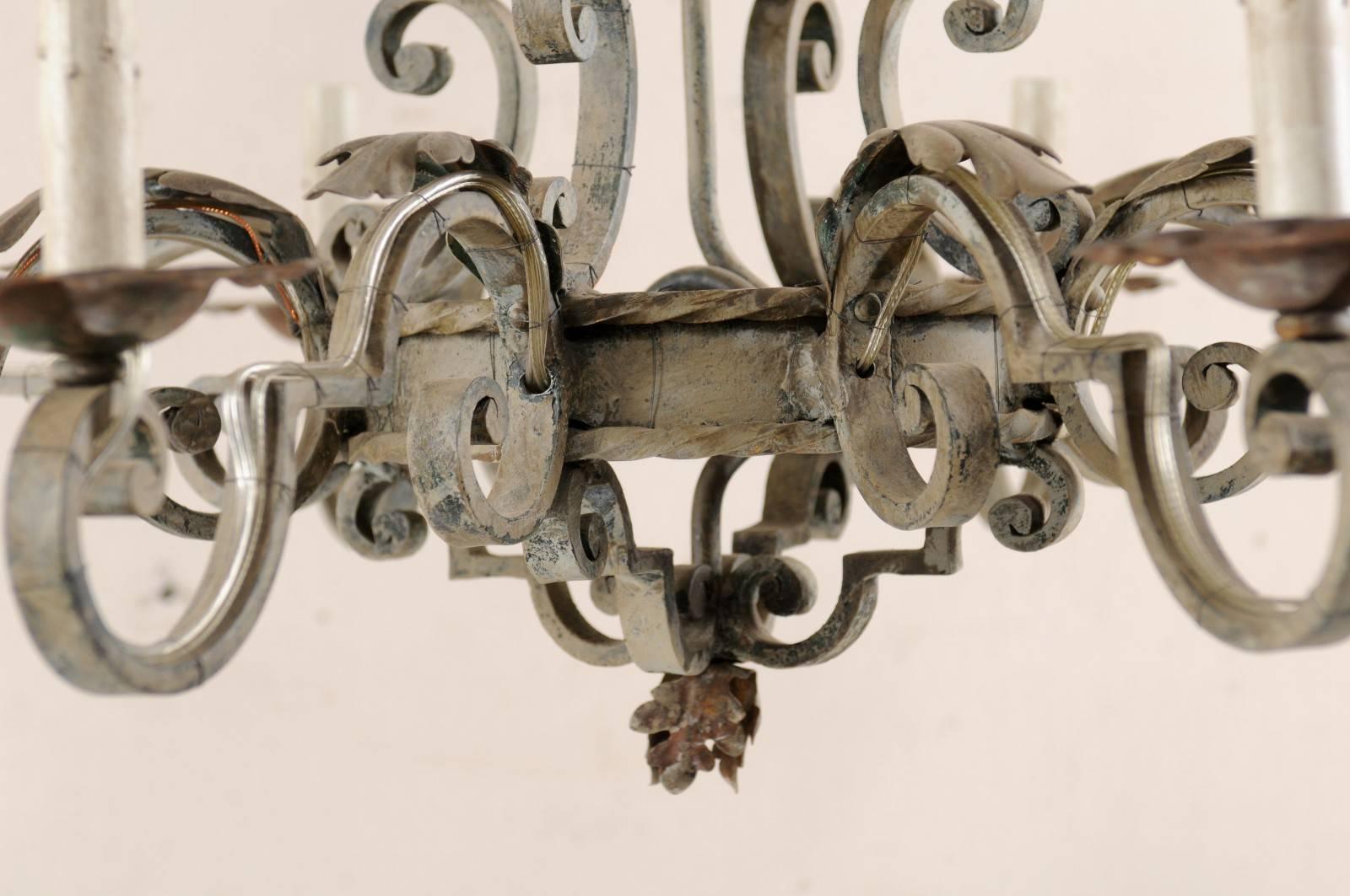 20th Century French Painted Iron Chandelier in a Scroll & Acanthus Leaf Motif, Rewired for US For Sale