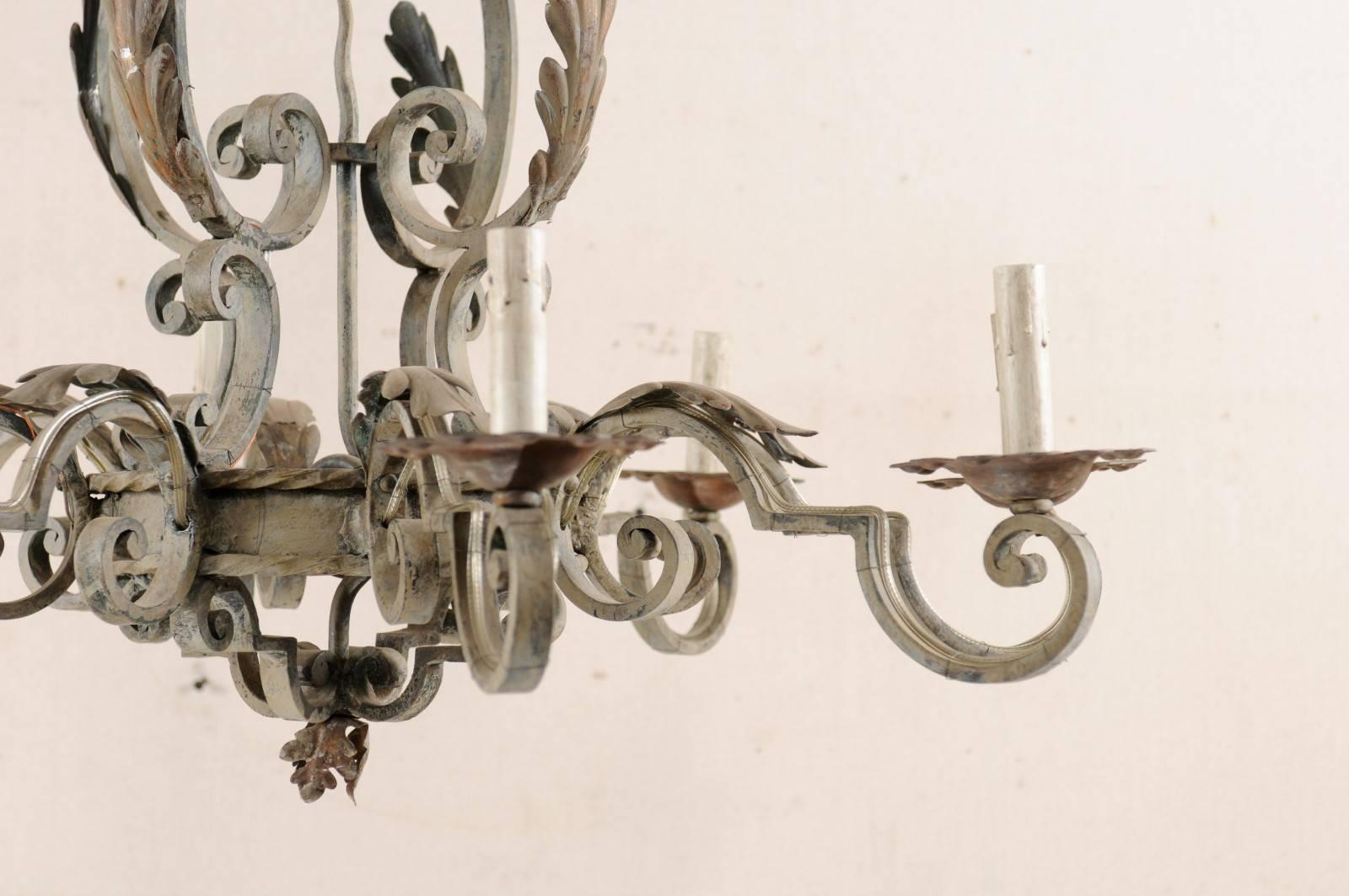 Metal French Painted Iron Chandelier in a Scroll & Acanthus Leaf Motif, Rewired for US For Sale
