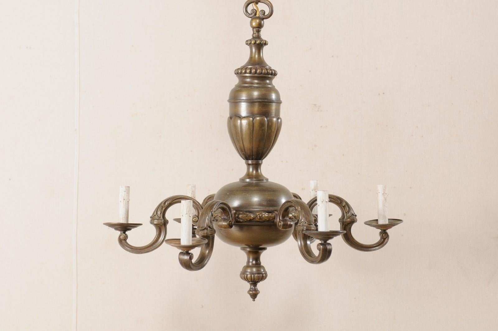 French Mid-20th Century Bronze Chandelier with Six Lights In Good Condition For Sale In Atlanta, GA