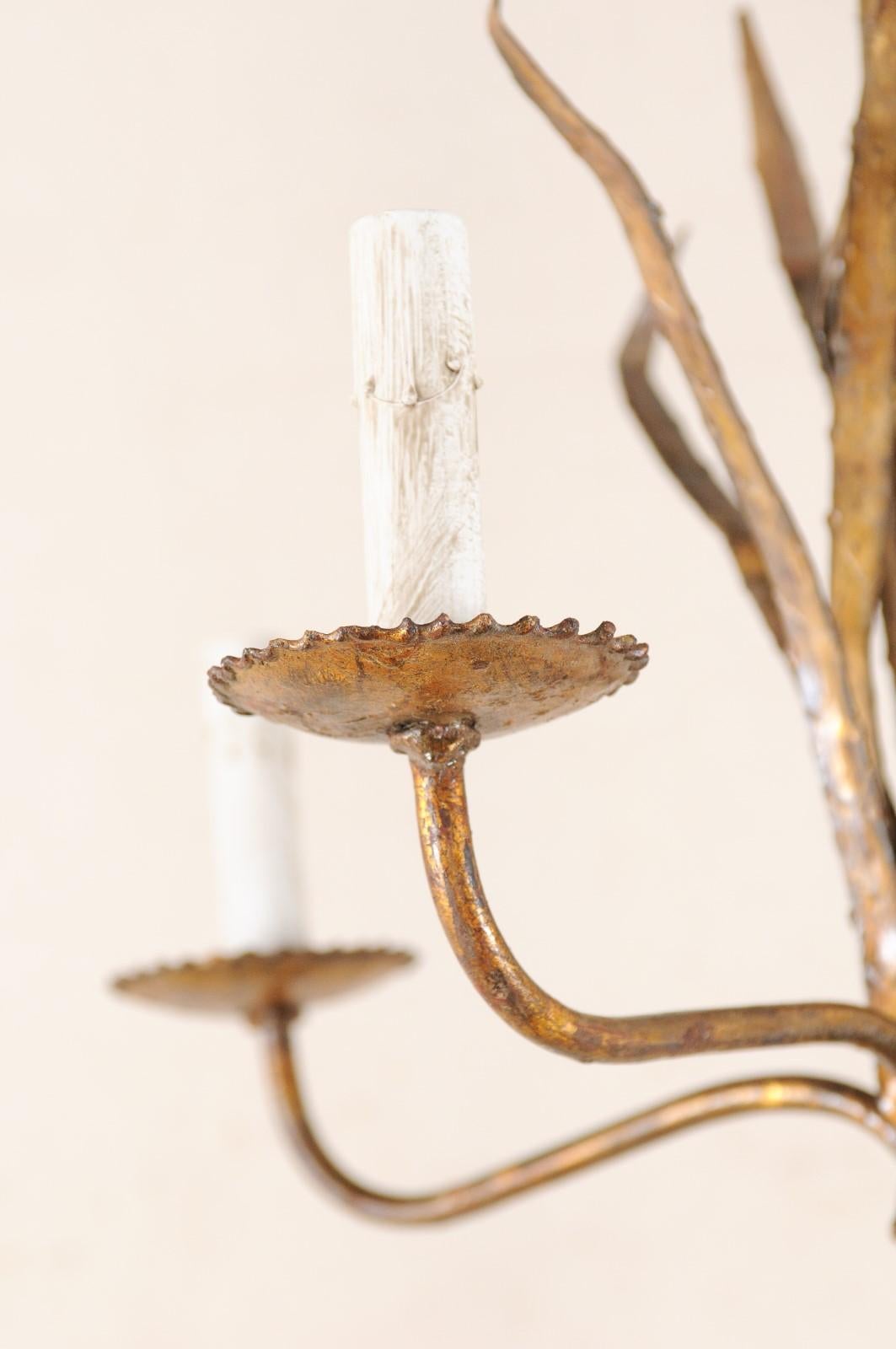 French Mid-20th Century Four-Light Iron Toned Chandelier in Leaf Foliage Motif For Sale 7