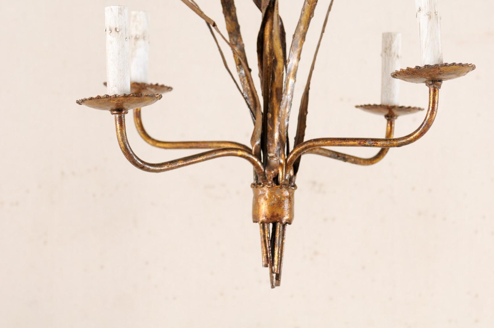 French Mid-20th Century Four-Light Iron Toned Chandelier in Leaf Foliage Motif In Good Condition For Sale In Atlanta, GA