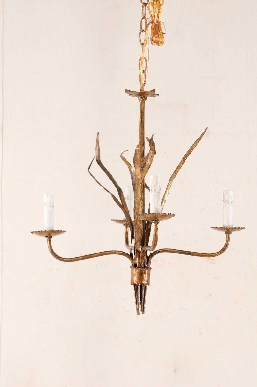 French Mid-20th Century Four-Light Iron Toned Chandelier in Leaf Foliage Motif For Sale 2
