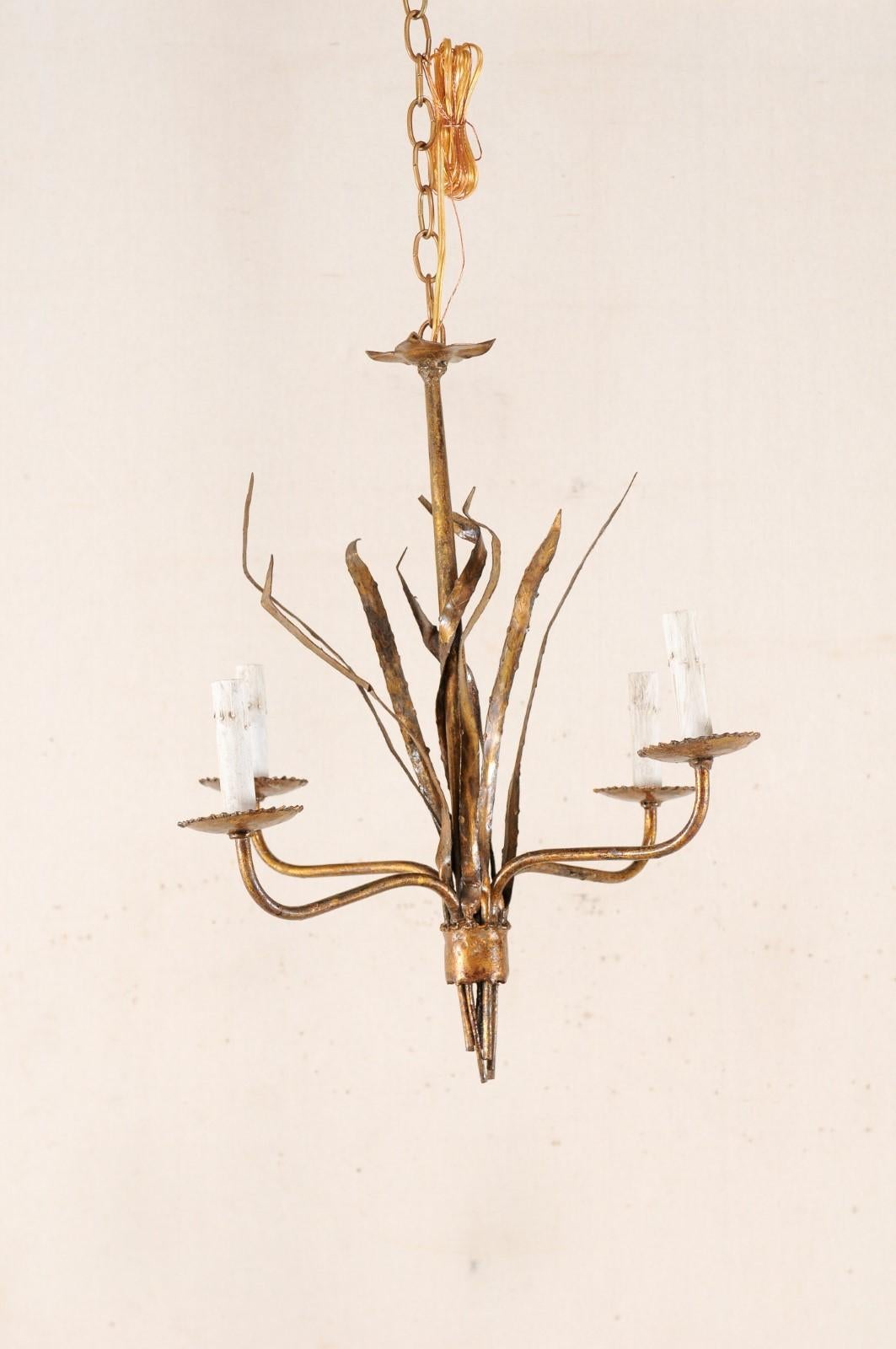 French Mid-20th Century Four-Light Iron Toned Chandelier in Leaf Foliage Motif For Sale 3