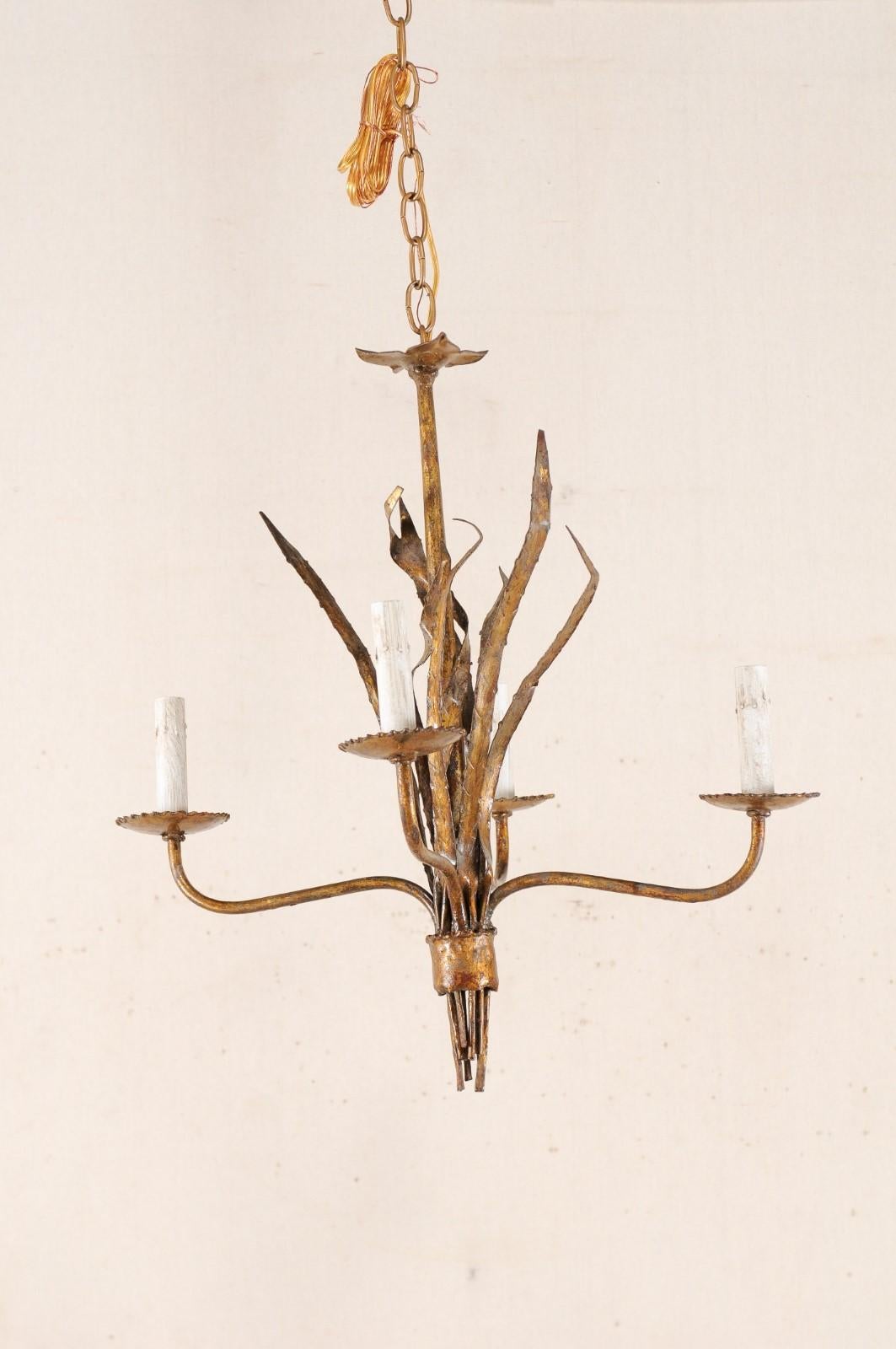 French Mid-20th Century Four-Light Iron Toned Chandelier in Leaf Foliage Motif For Sale 4