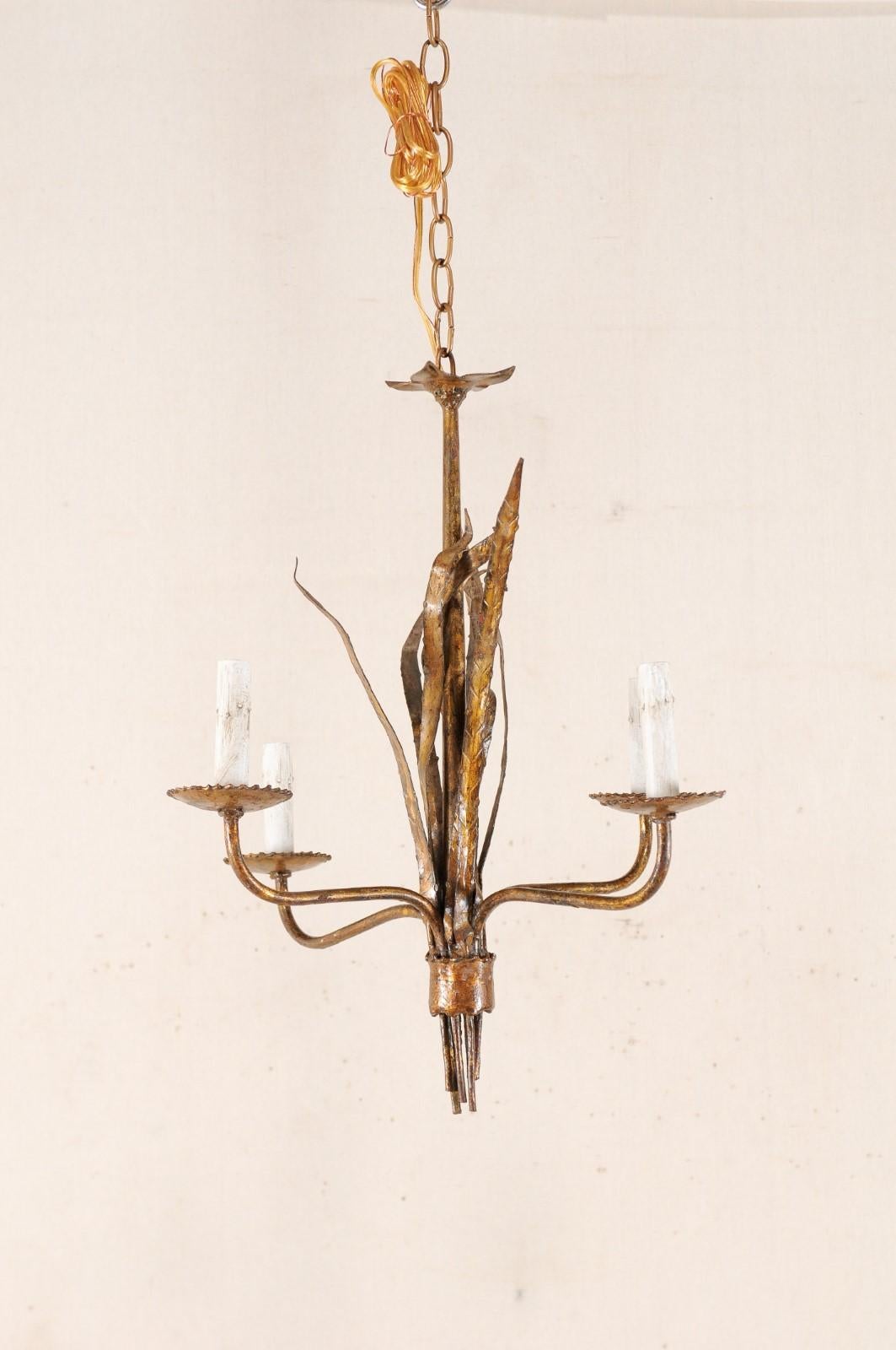 French Mid-20th Century Four-Light Iron Toned Chandelier in Leaf Foliage Motif For Sale 5