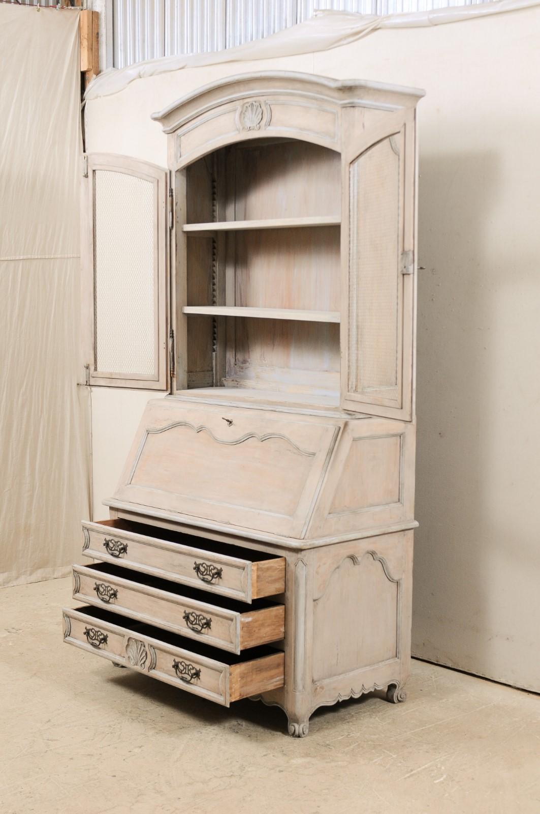 Glass French Mid-20th Century Secretary Curio Cabinet with Drop Front Writing Desk