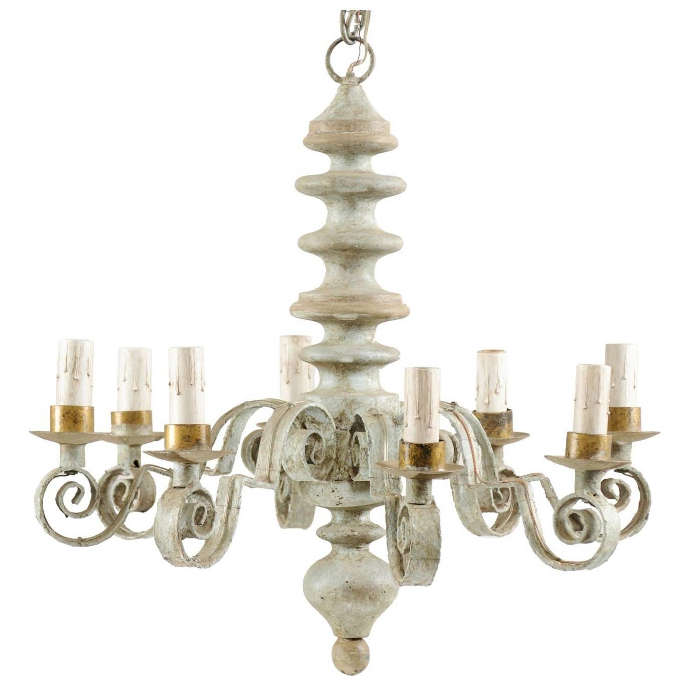French Mid-20th Century Turned Wood and Scrolled Iron Chandelier in Soft Green