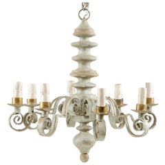 turned wood chandelier French Mid-20th Century Turned Wood and Scrolled Iron Chandelier in Soft Green