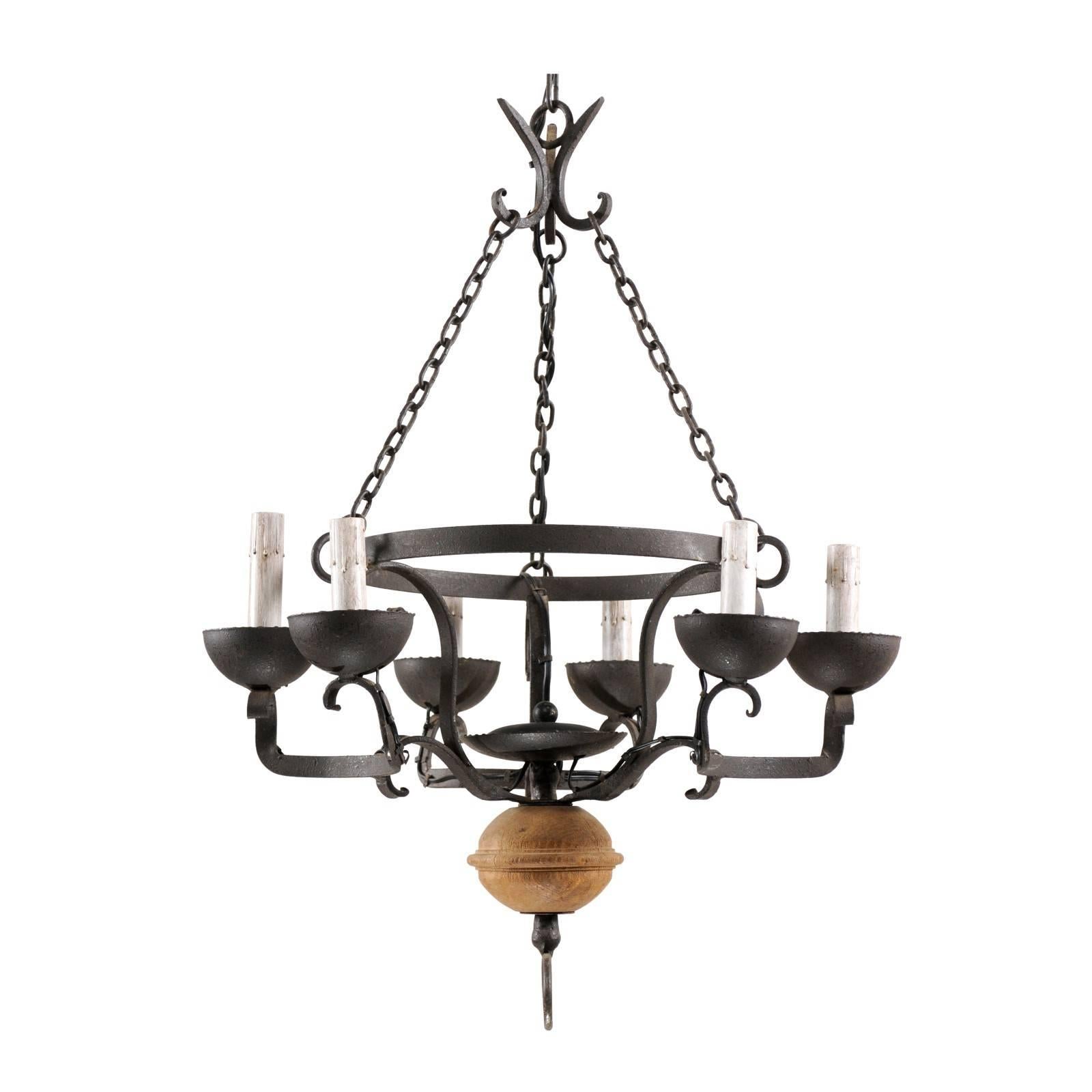 French Midcentury Forged Iron Chandelier with a Carved Wood Sphere Accent