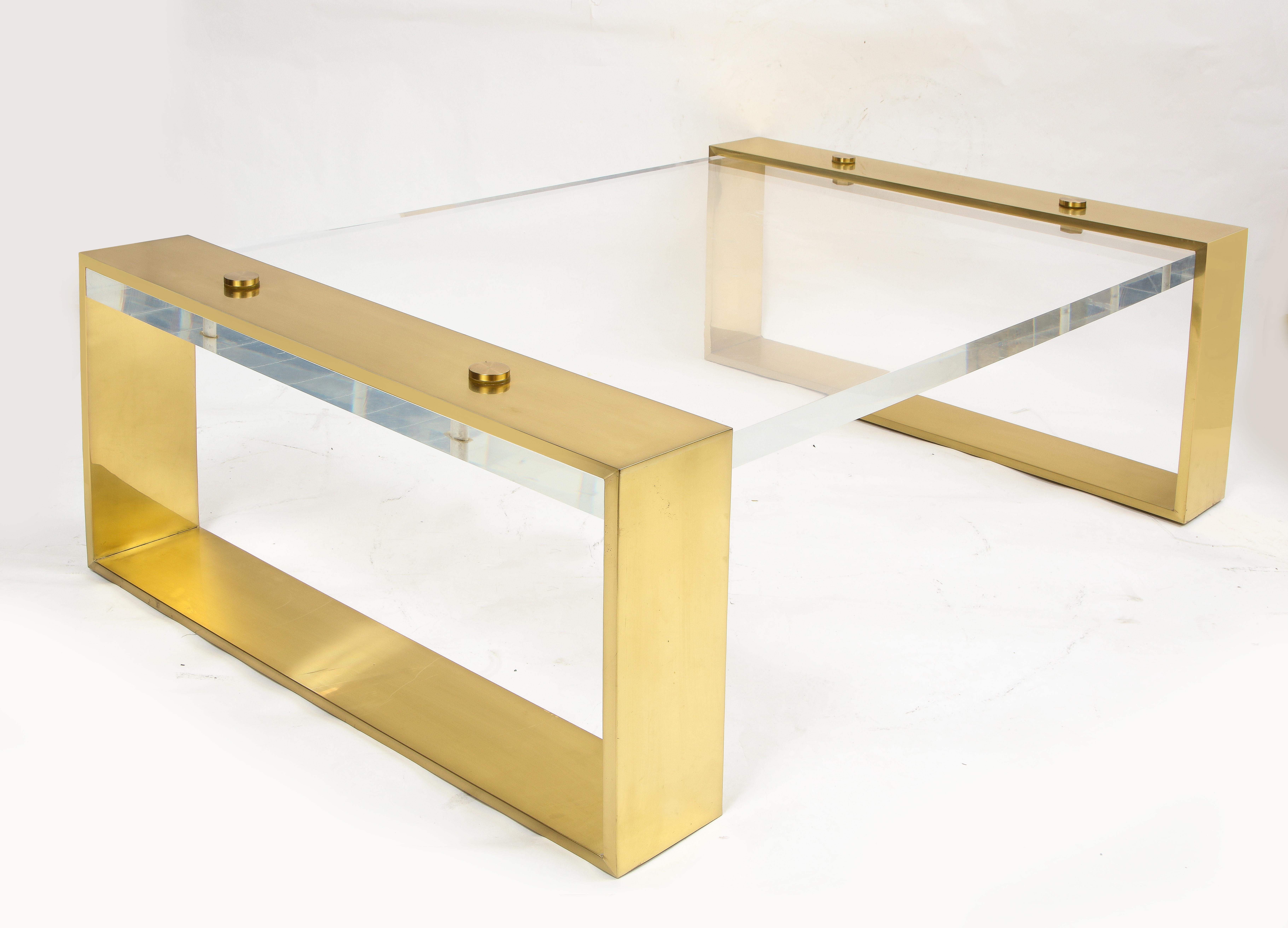 Gilt French Mid-Century Modern Rectangular Bronze Mounted Lucite Top Coffee Table