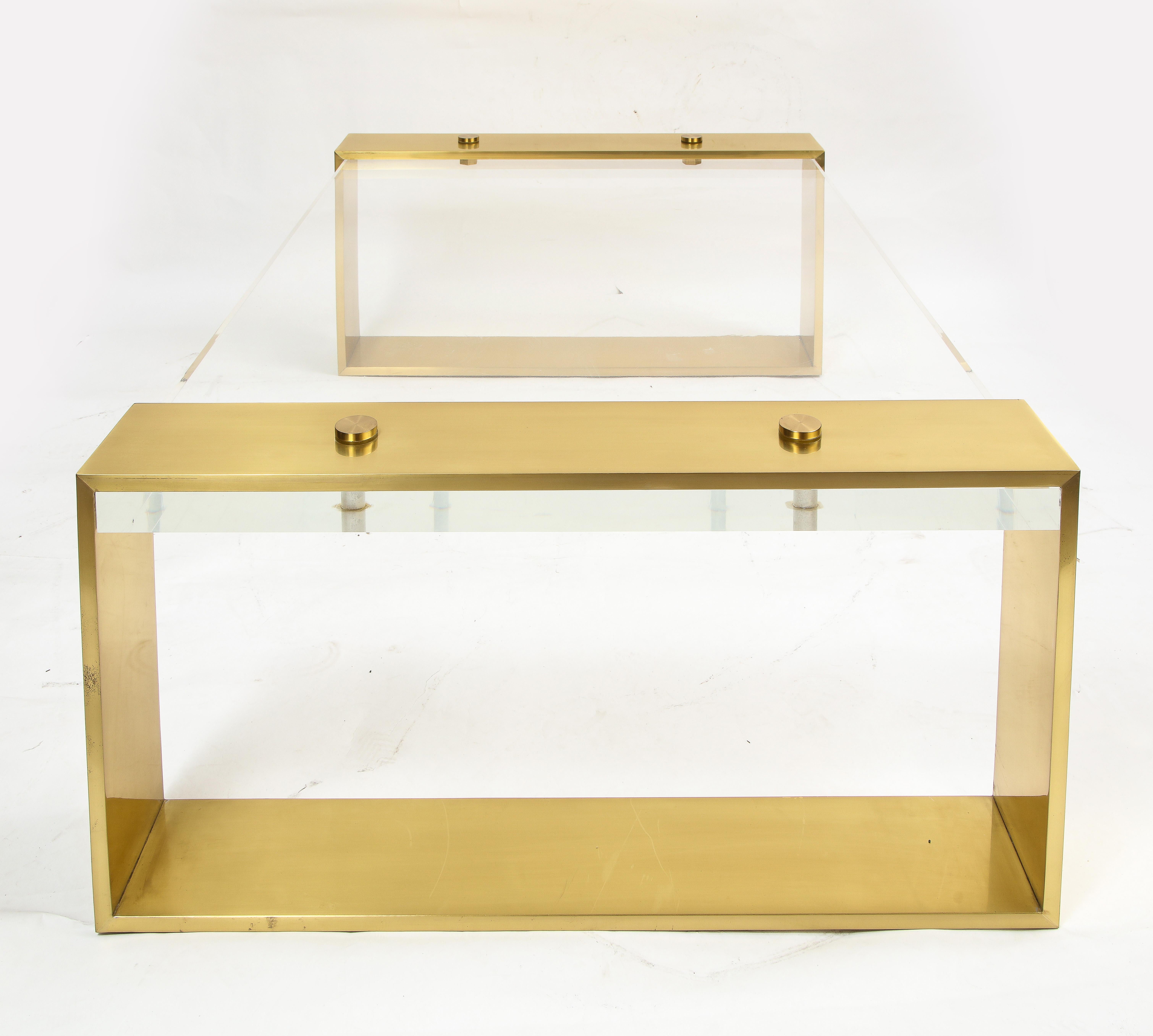 20th Century French Mid-Century Modern Rectangular Bronze Mounted Lucite Top Coffee Table