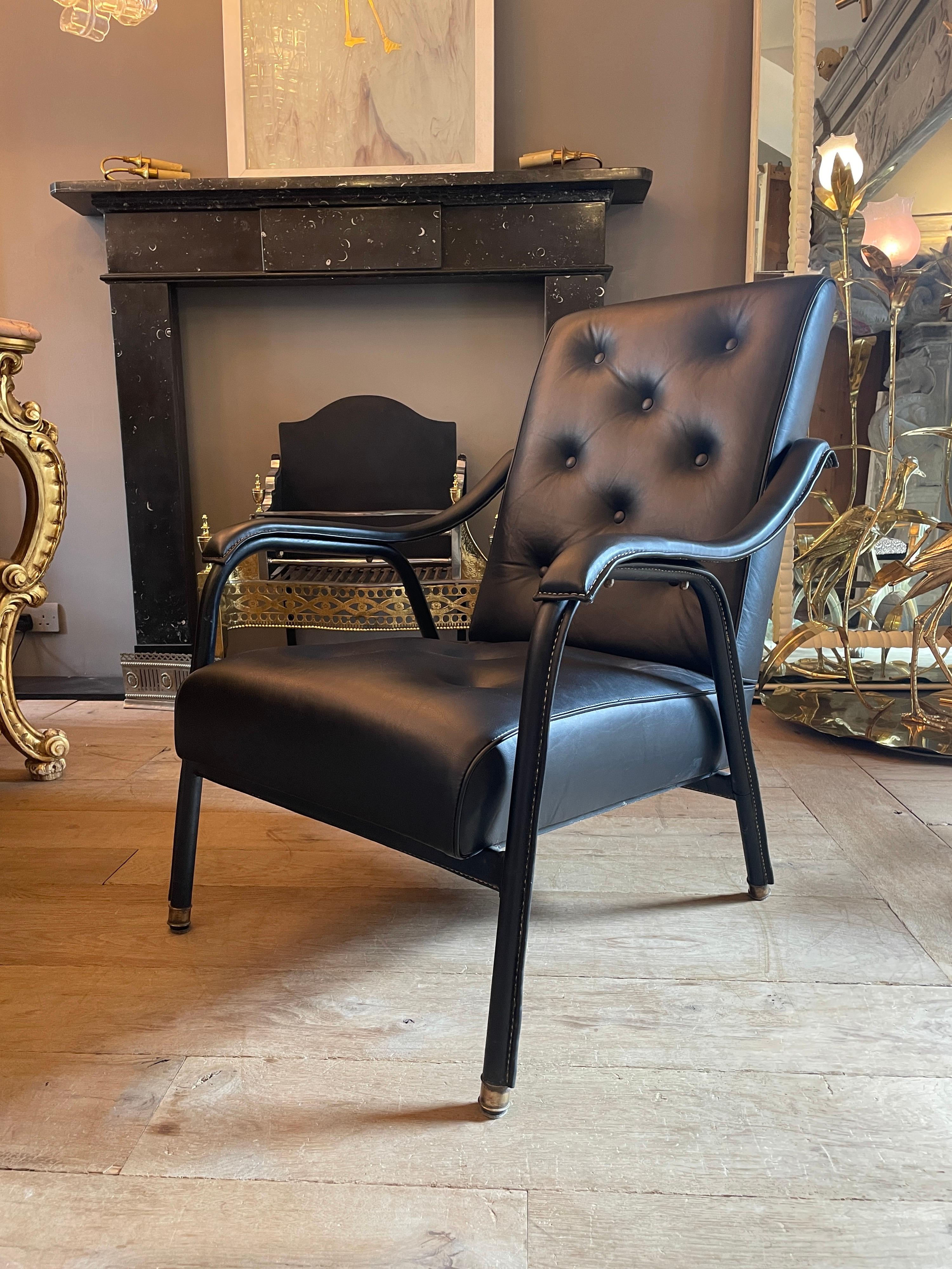 French Mid Century Saddle Stitched Leather Armchair For Sale 10