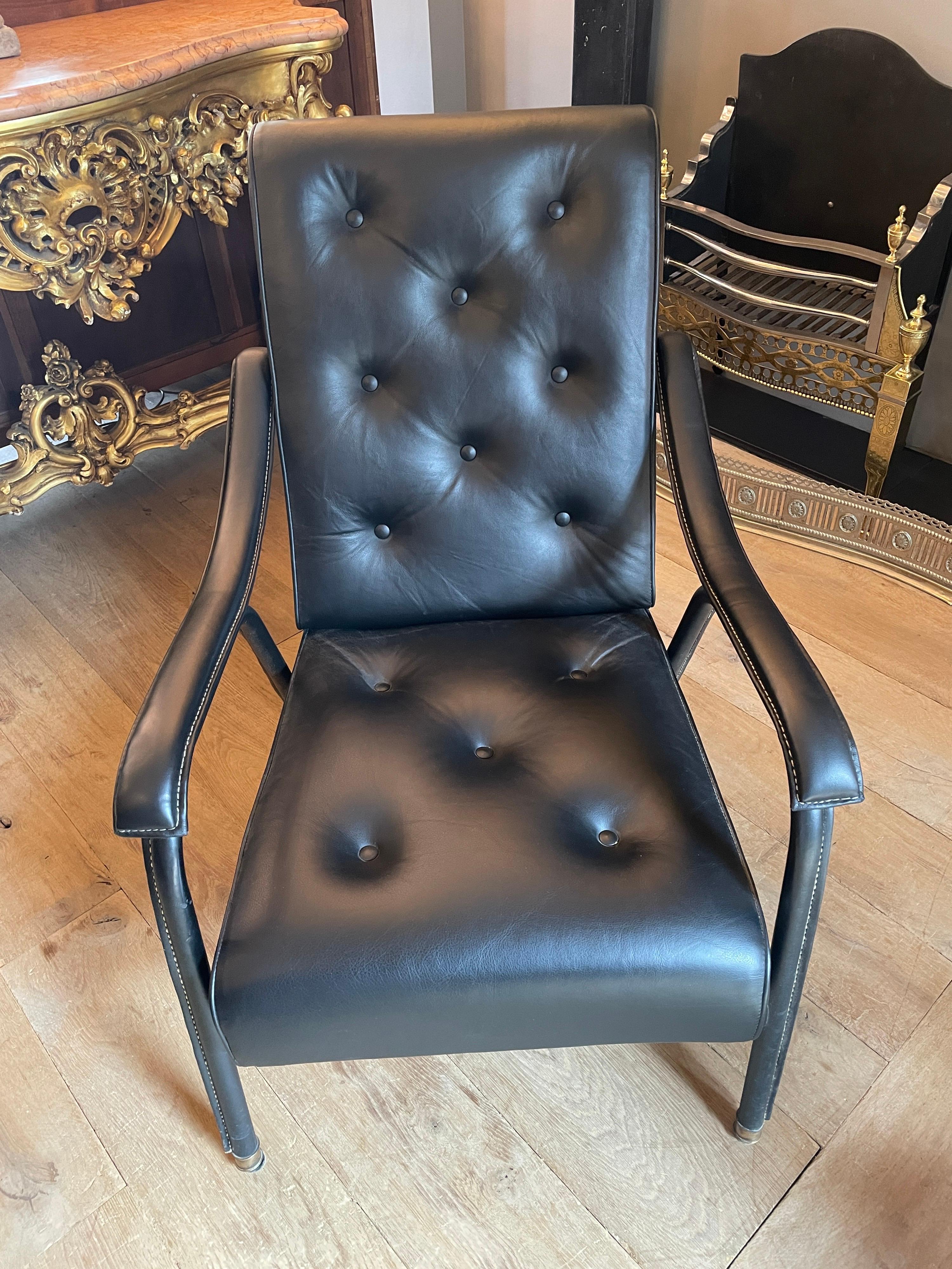 French Mid Century Saddle Stitched Leather Armchair In Good Condition For Sale In London, GB