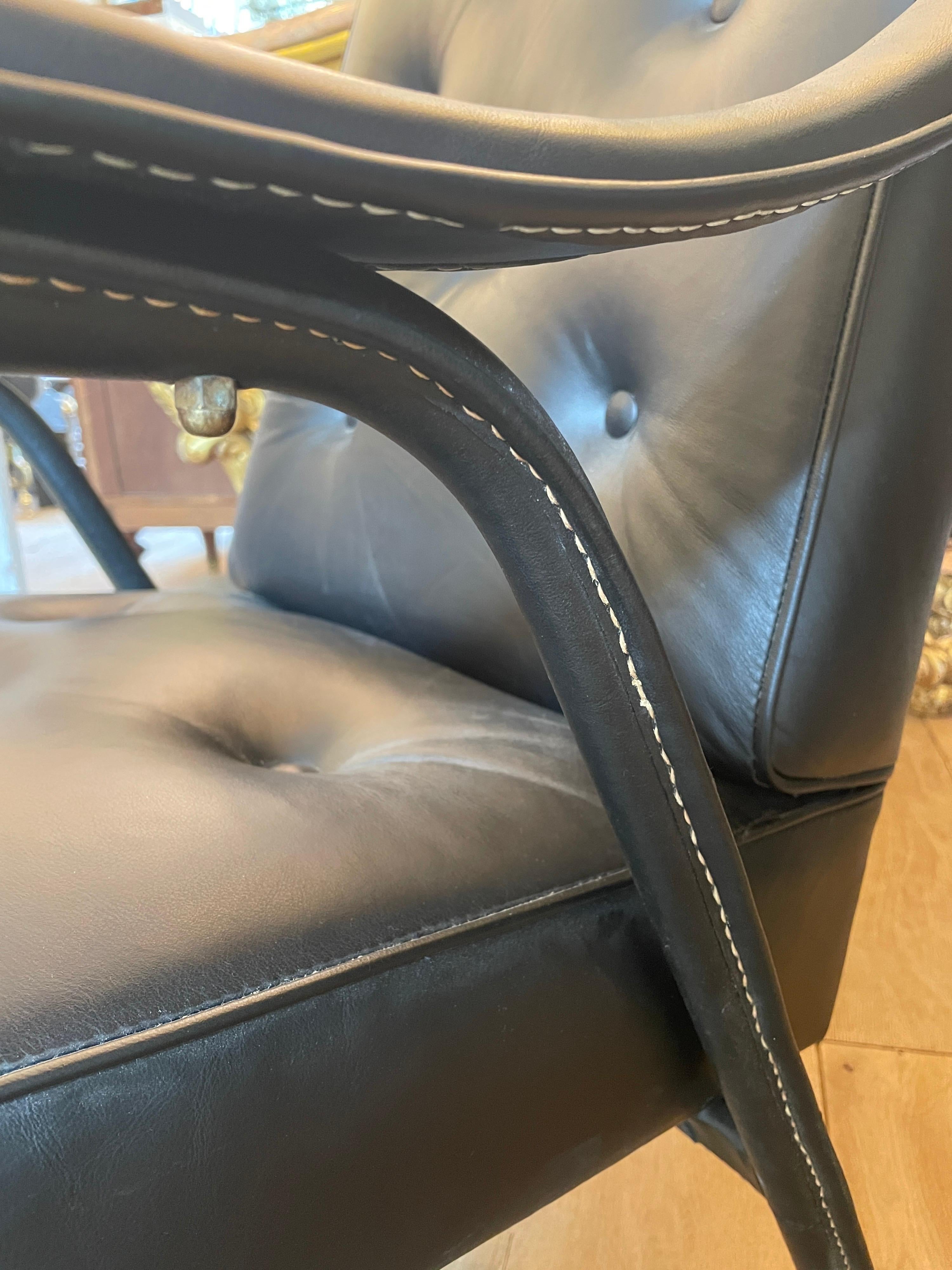 French Mid Century Saddle Stitched Leather Armchair For Sale 3