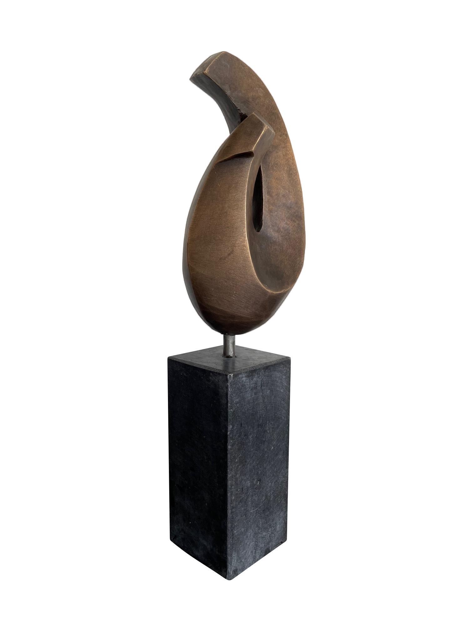A French midcentury abstract bronze sculpture mounted on a black marble plinth.