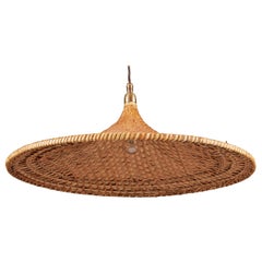 French Midcentury Rattan Coolie Hat Hanging Light