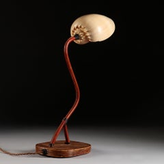 French Midcentury Shell Table or Desk Lamp with Leather Stem and Rattan Base