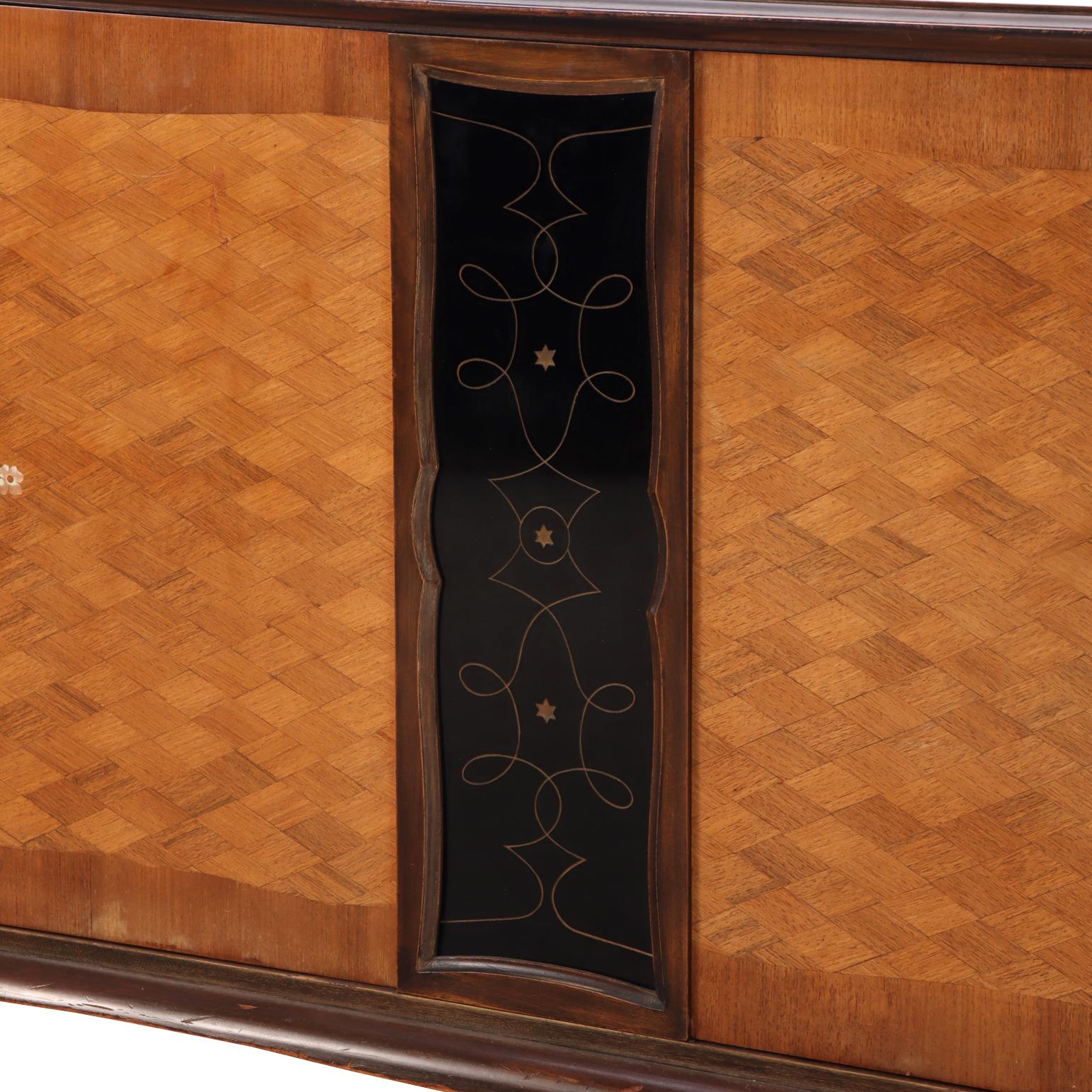 Inlay A French Modernist Marquetry Sideboard, attributed to Jules Leleu, C. 1950. For Sale