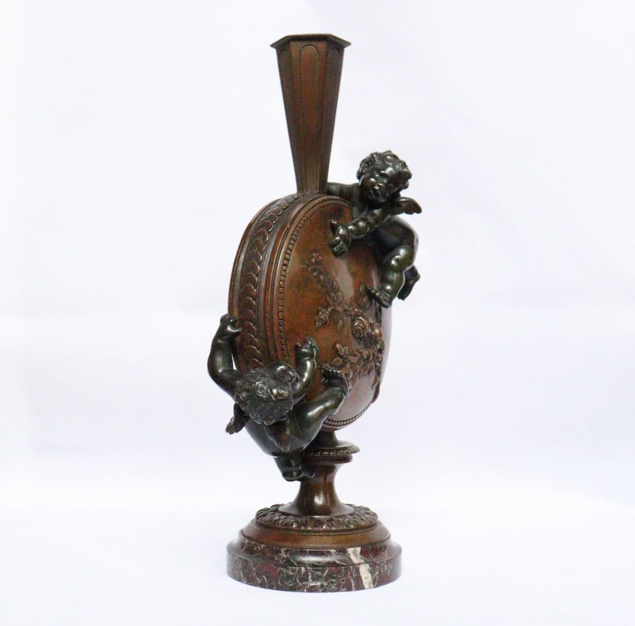 Patinated French Napoléon III Bronze Putti Vase by Auguste Moreau