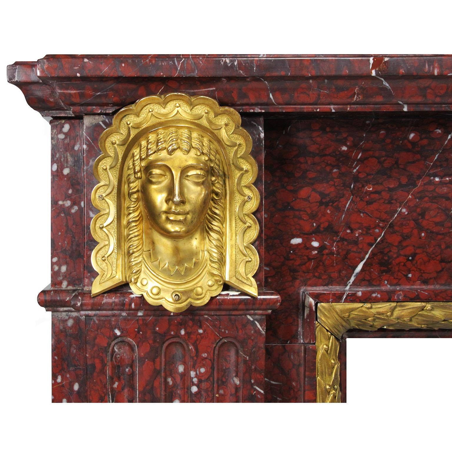Empire French Napoleon III Carved Griotte Marble and Ormolu Mounted Fireplace Mantel For Sale