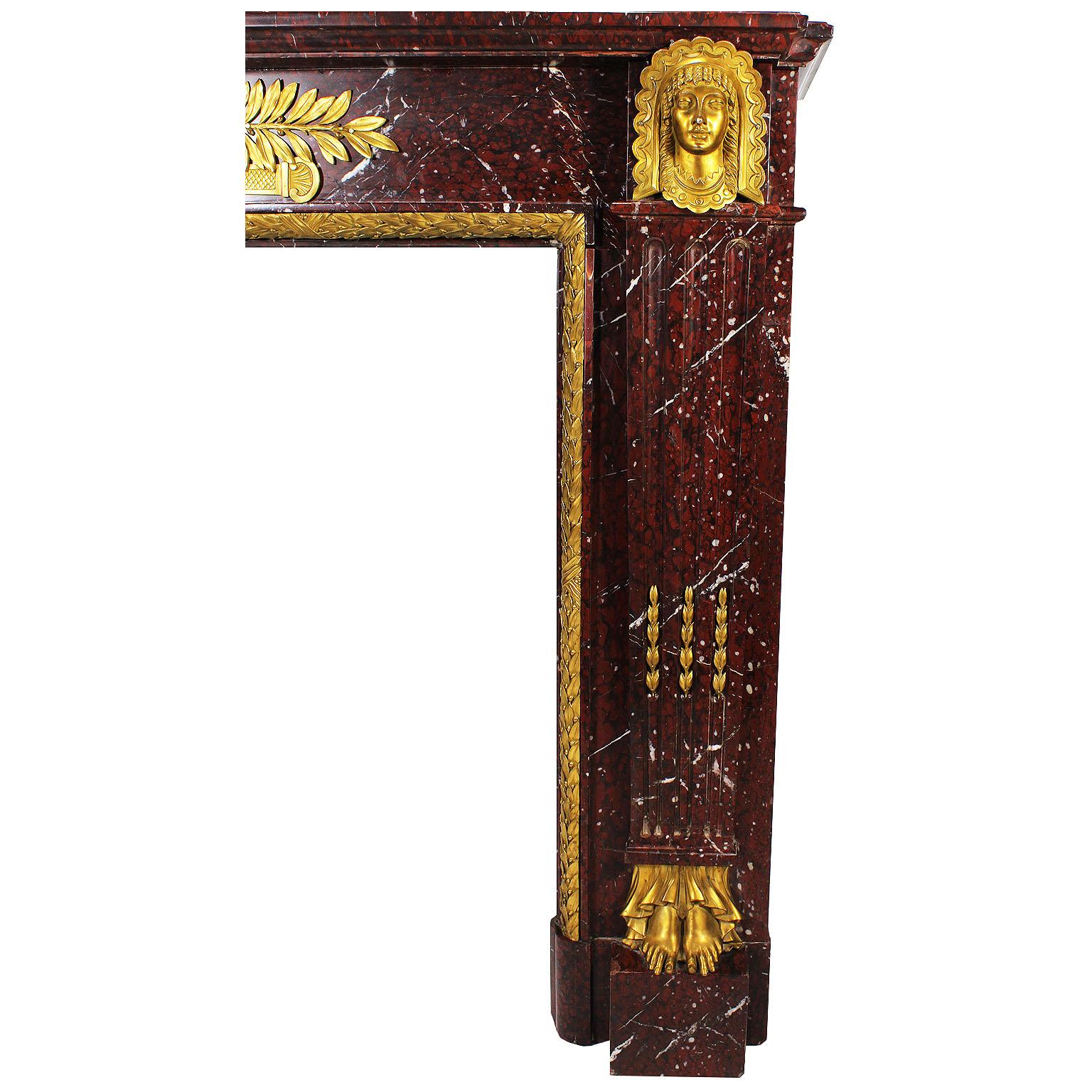 French Napoleon III Carved Griotte Marble and Ormolu Mounted Fireplace Mantel For Sale 2